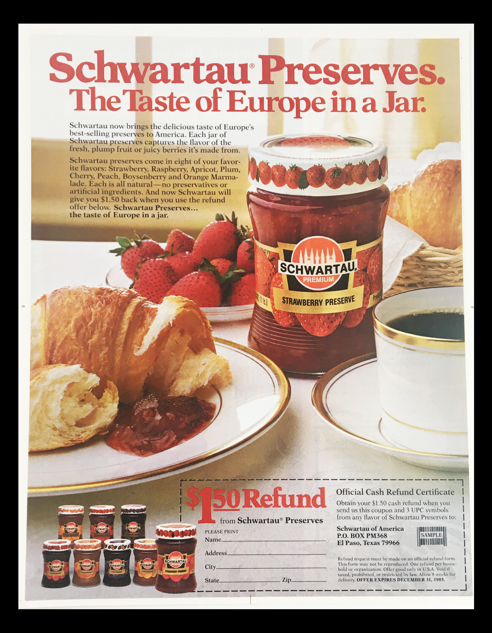 1985 Schwartau Strawberry Preserve Circular Coupon Advertisement