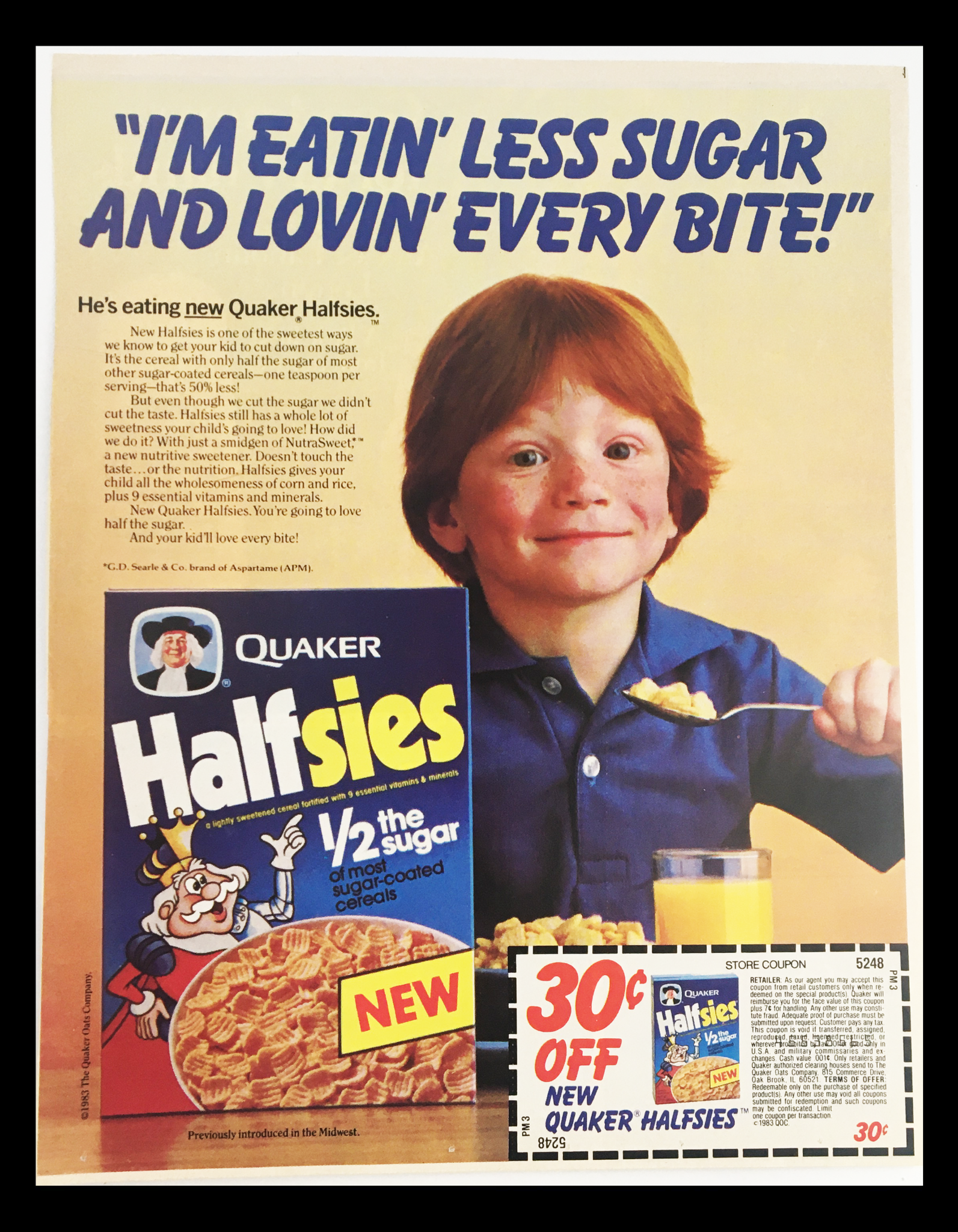 1983 Quaker Halfsies Sugar-Coated Cereals Circular Coupon Advertisement