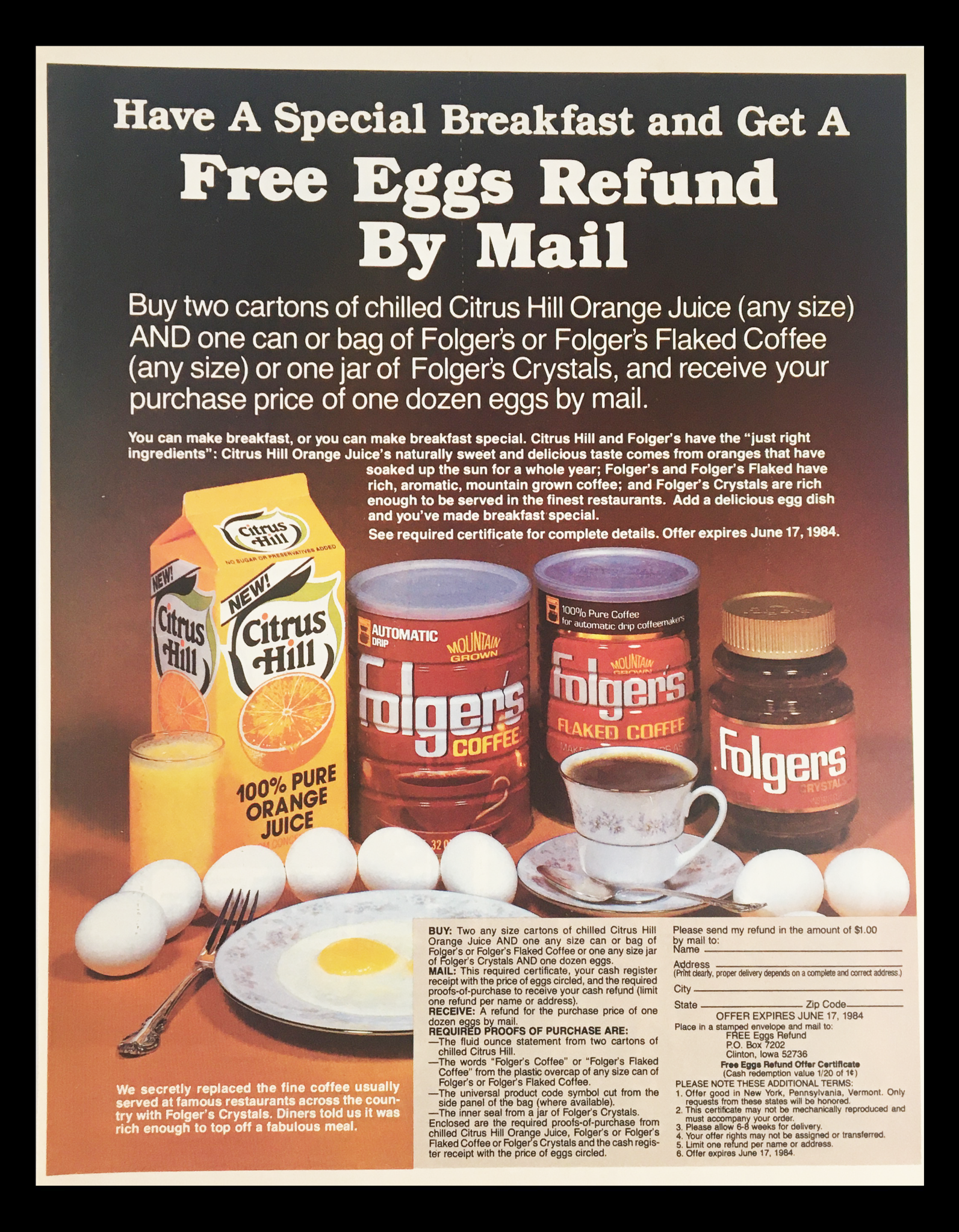 1984 Citrus Hill & Folger's Flaked Coffee Circular Coupon Advertisement