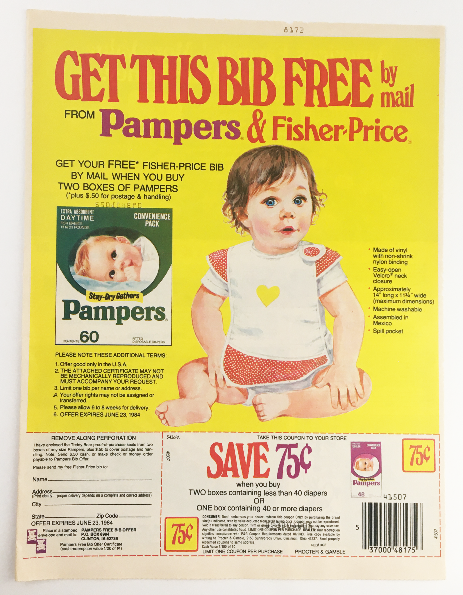 1983 Pampers & Fisher-Price Free Bib Circular Coupon Advertisement