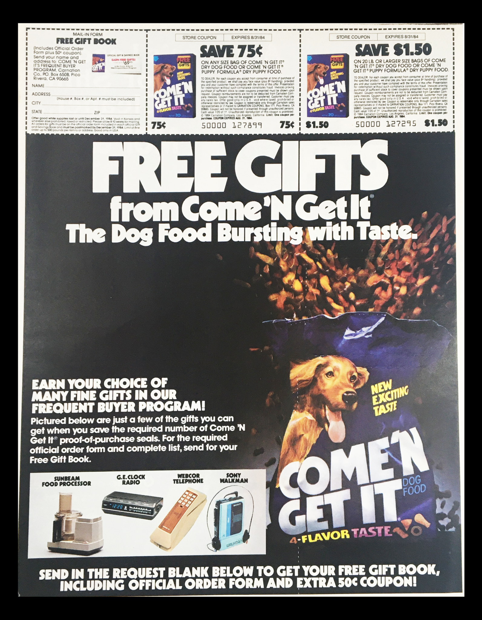 1984 Come N' Get It 4-Flavor Style Dog Food Circular Coupon Advertisement