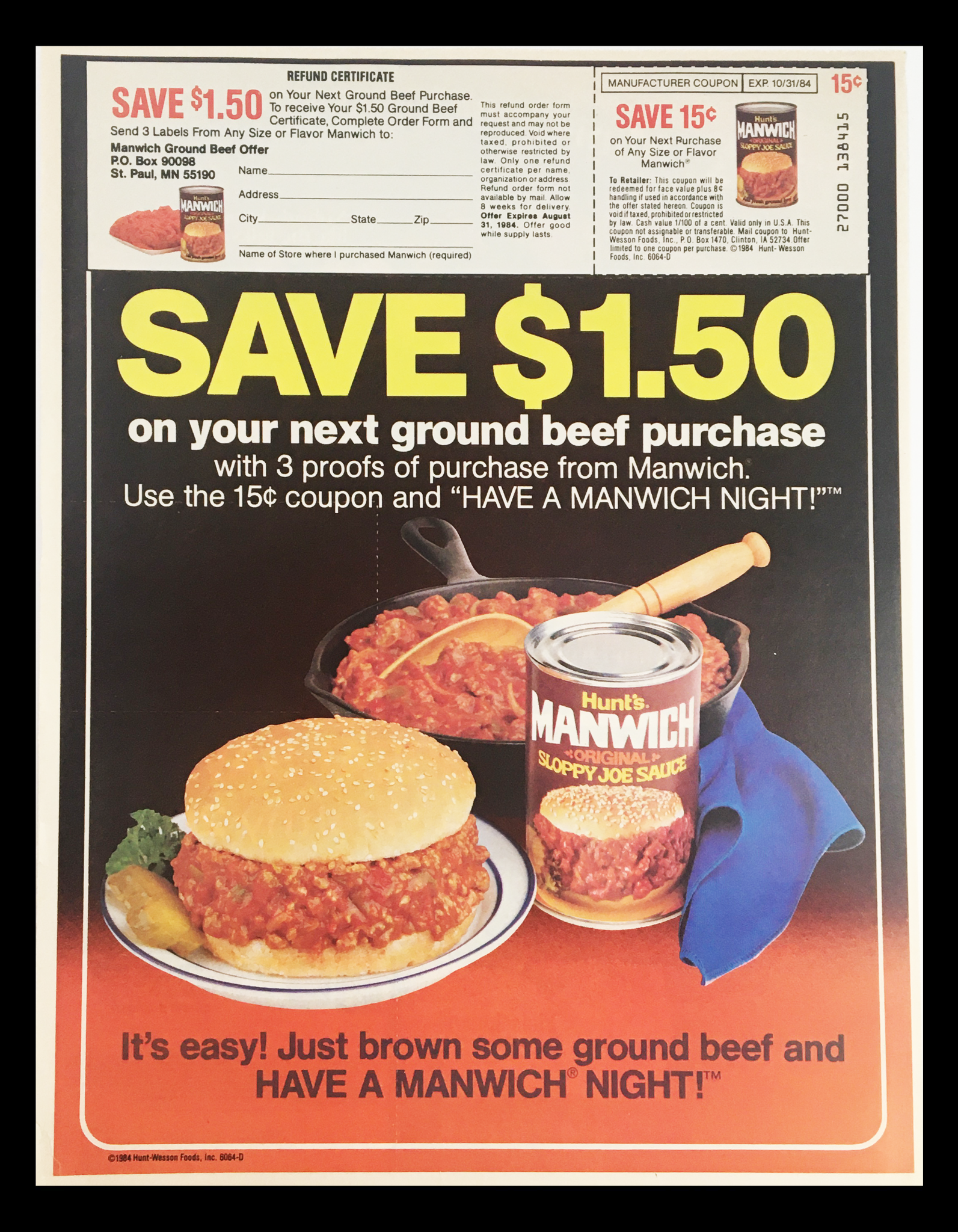 1984 Hunt's Manwich Original Sloppy Joe Sauce Circular Coupon Advertisement