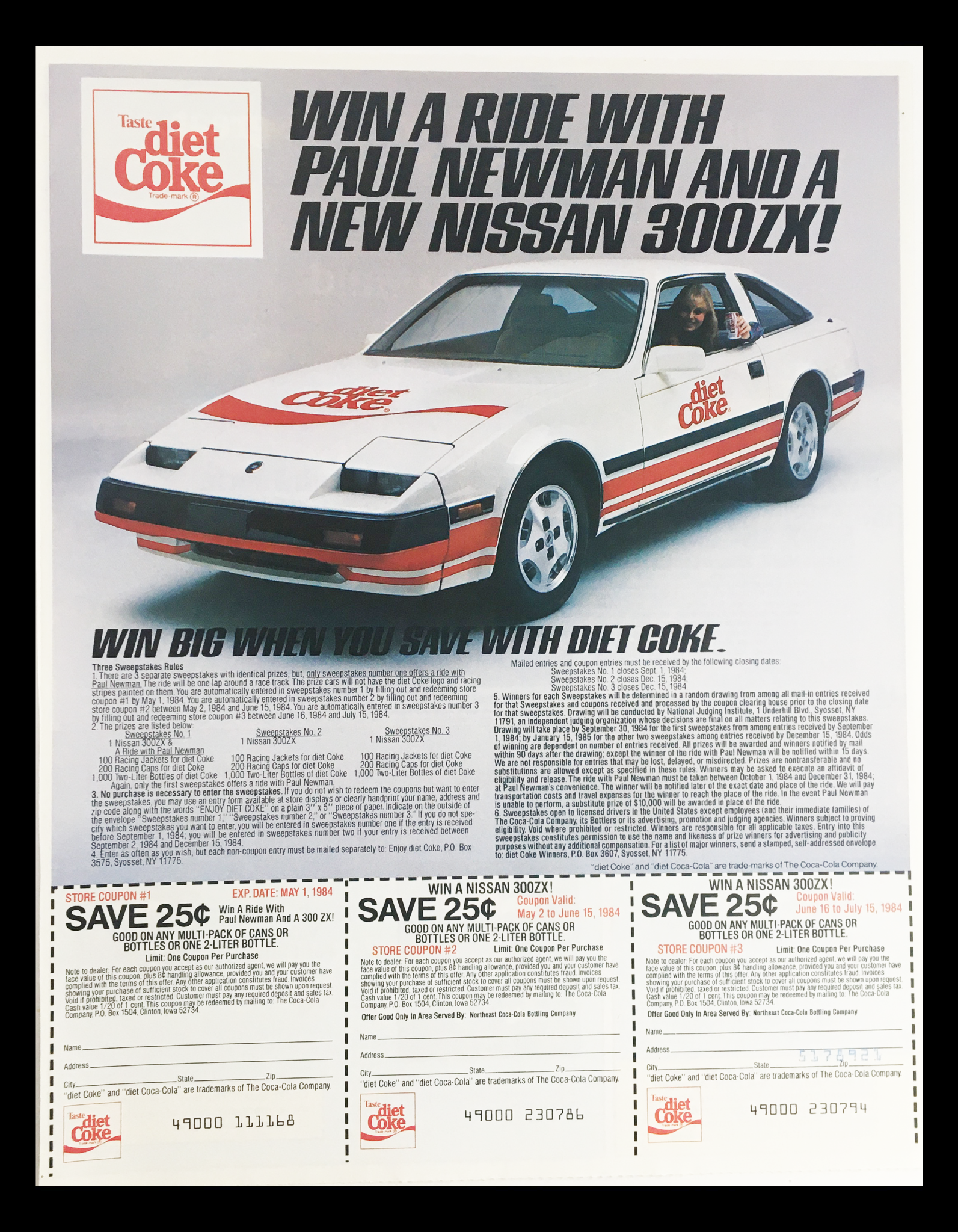 1984 Diet Coke Paul Newman Nissan 300ZX Circular Coupon Advertisement