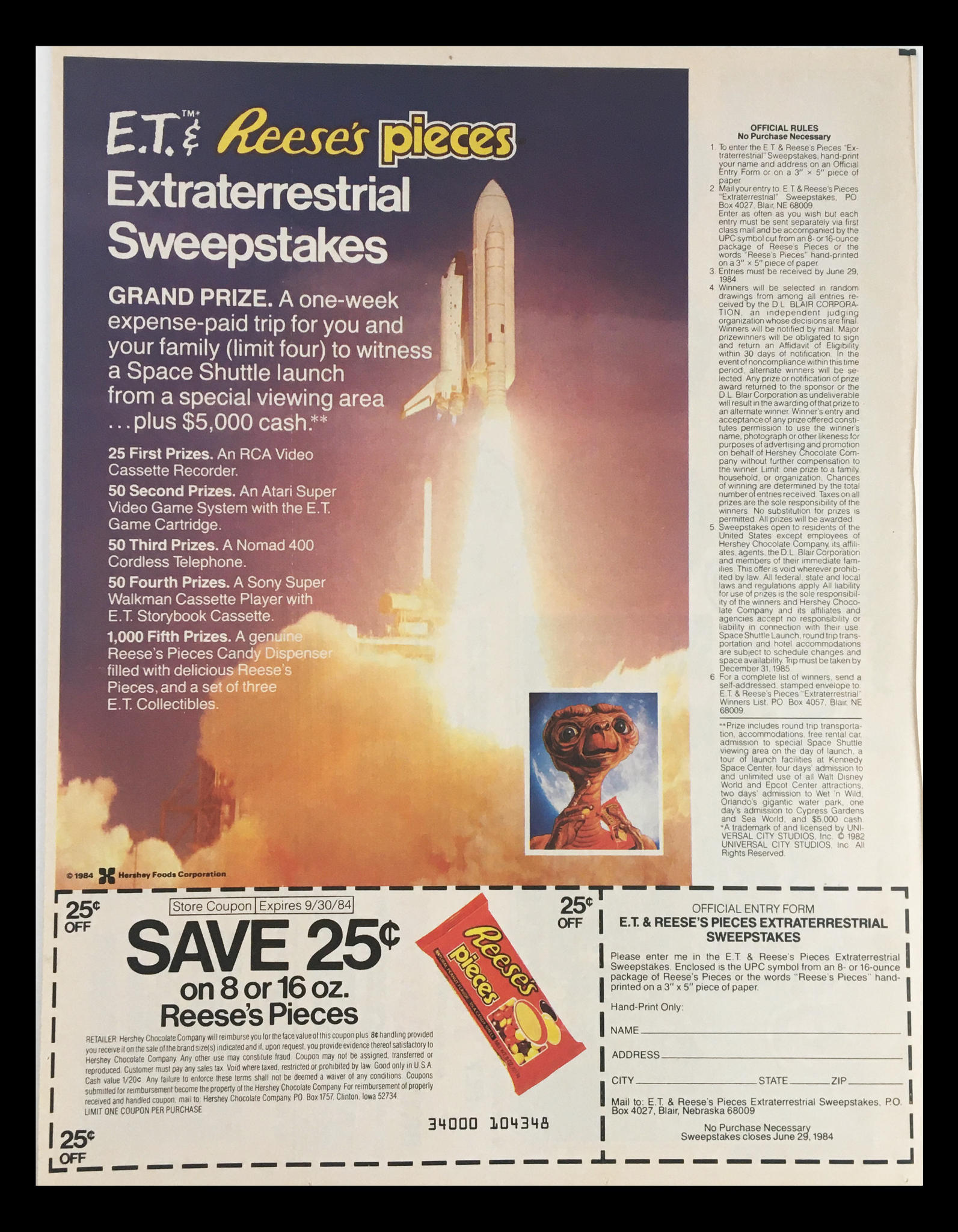 1984 E.T. & Reese's Pieces Sweepstakes Circular Coupon Advertisement