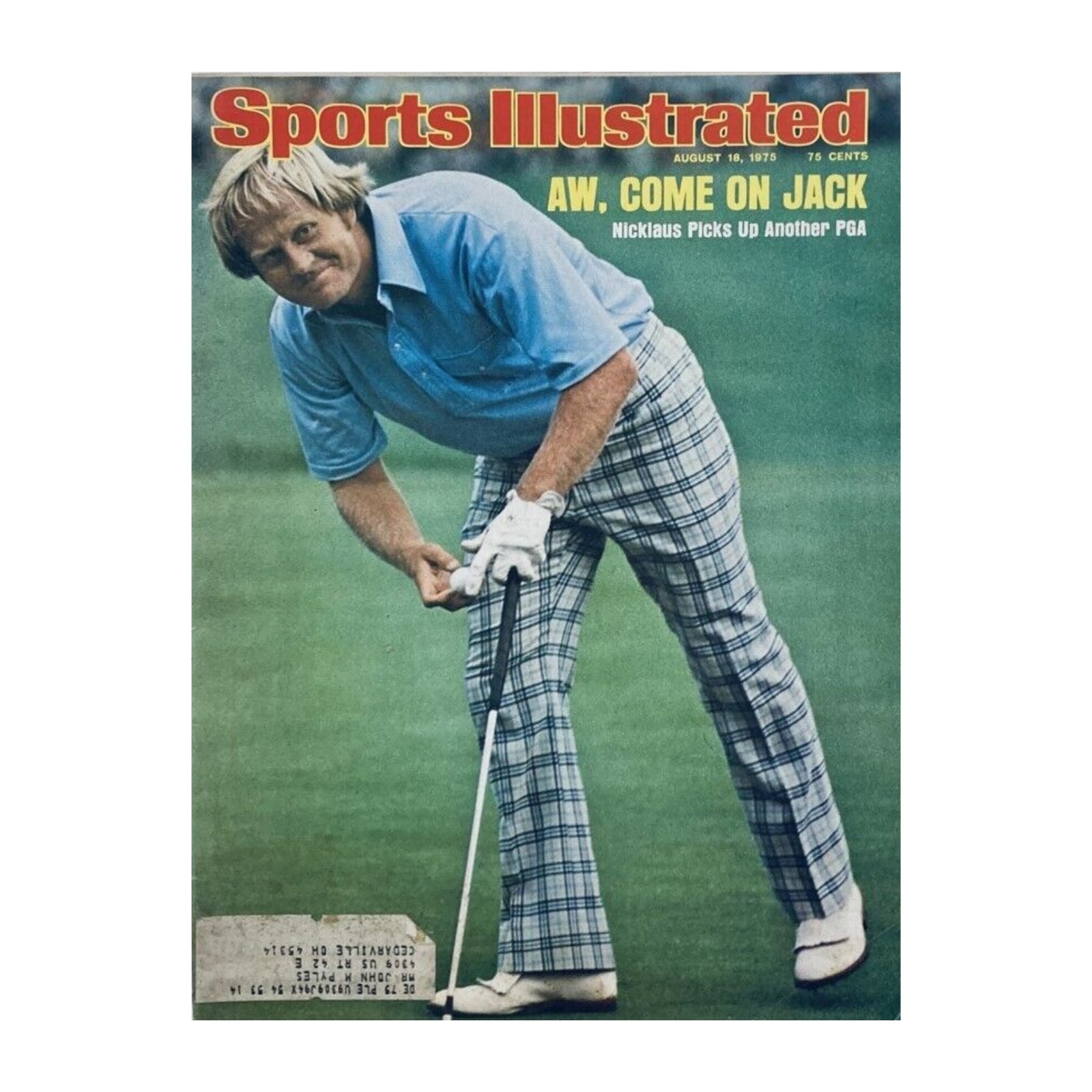 Sports Illustrated Magazine cover from August 18, 1975, featuring Jack Nicklaus with the title 'Aw, Come On Jack', part of the 1950s-1970s Sports Illustrated Golf Collection.