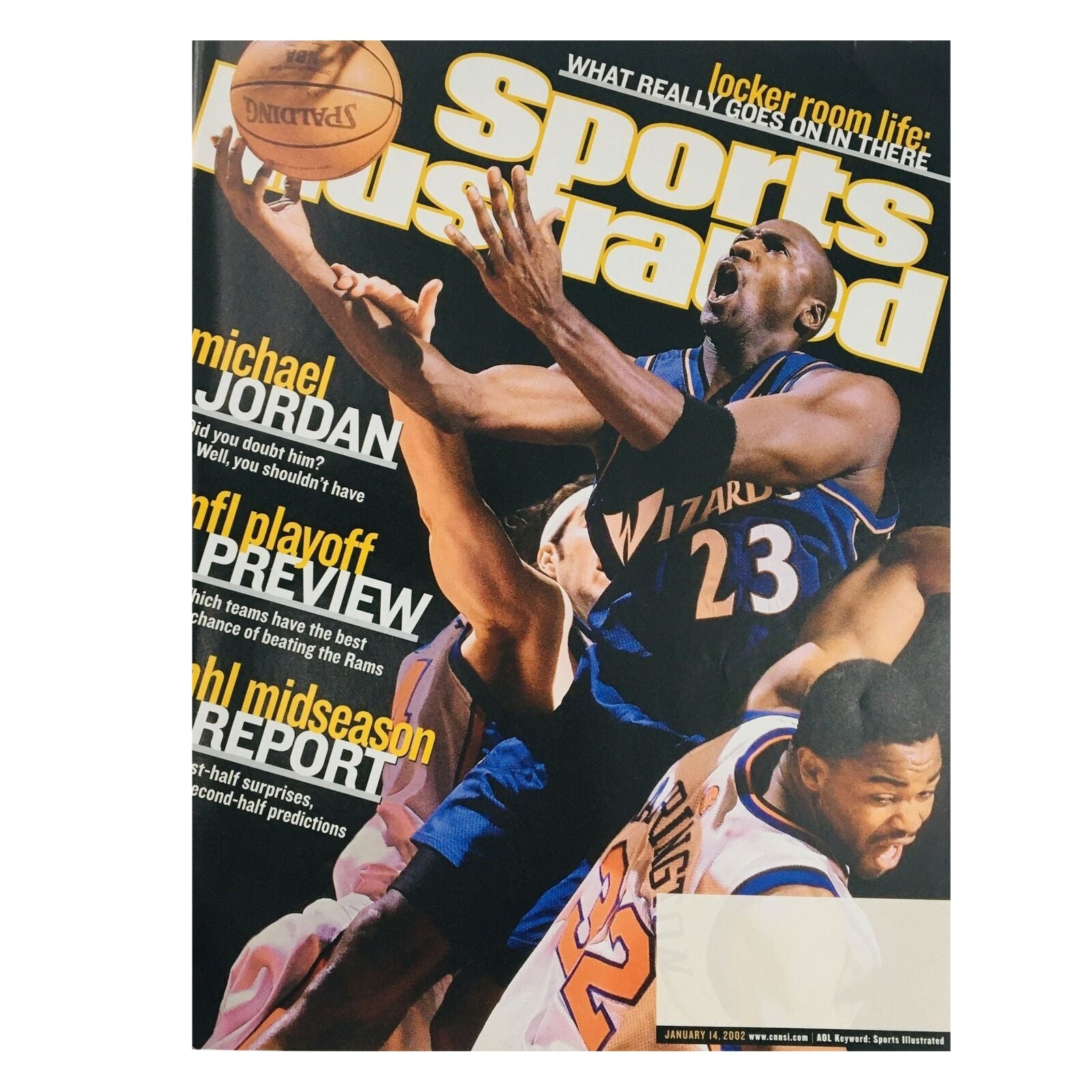 Sports Illustrated Magazine cover from January 14, 2002, featuring Michael Jordan in a Washington Wizards jersey. The magazine includes a midseason report and is part of the collection: Lot of 6 1996-1999 Sports Illustrated Magazine NBA Michael Jordan Chicago Bulls.