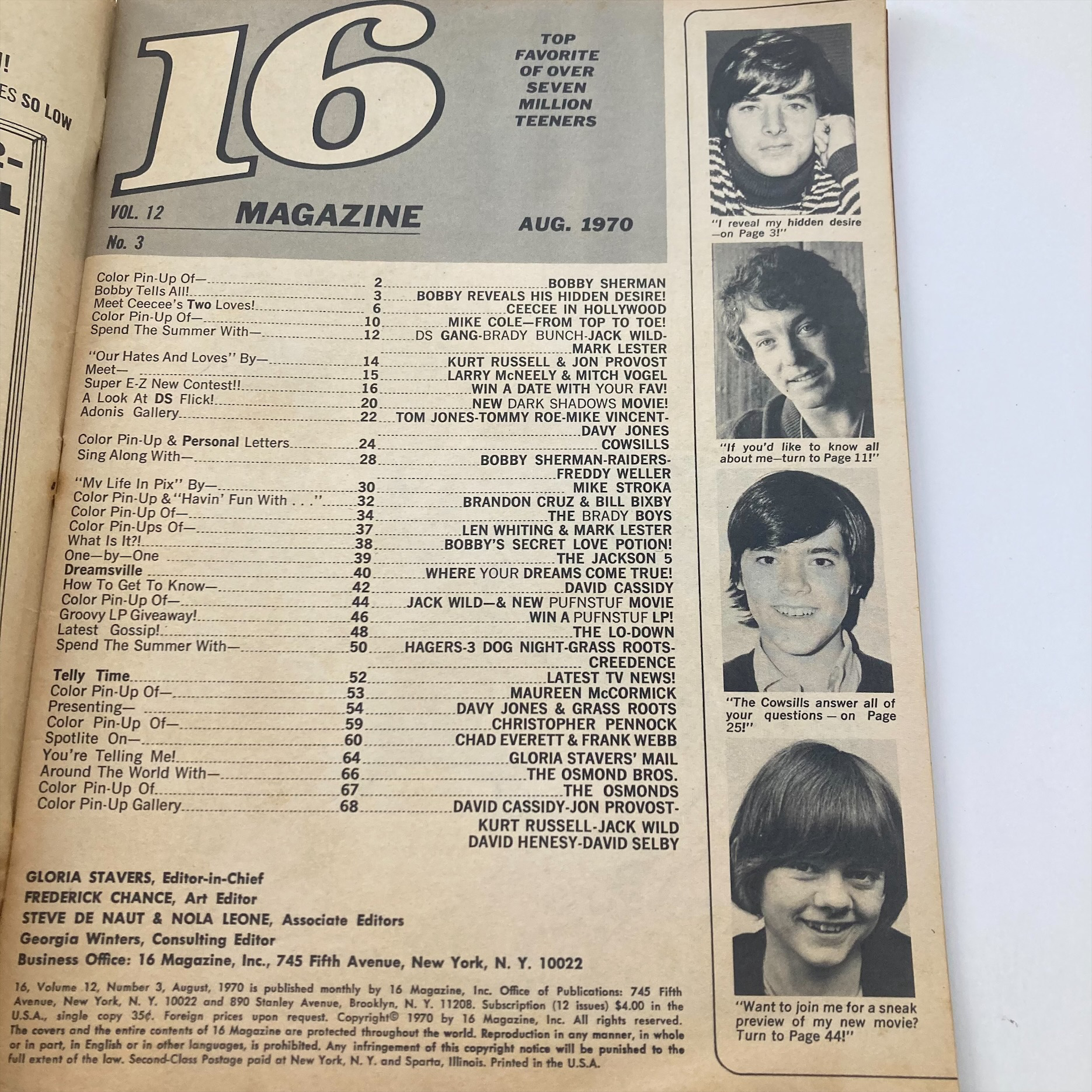 VTG 16 Magazine August 1970 Vol 12 No. 3 Those Brady Boys No Label w Poster