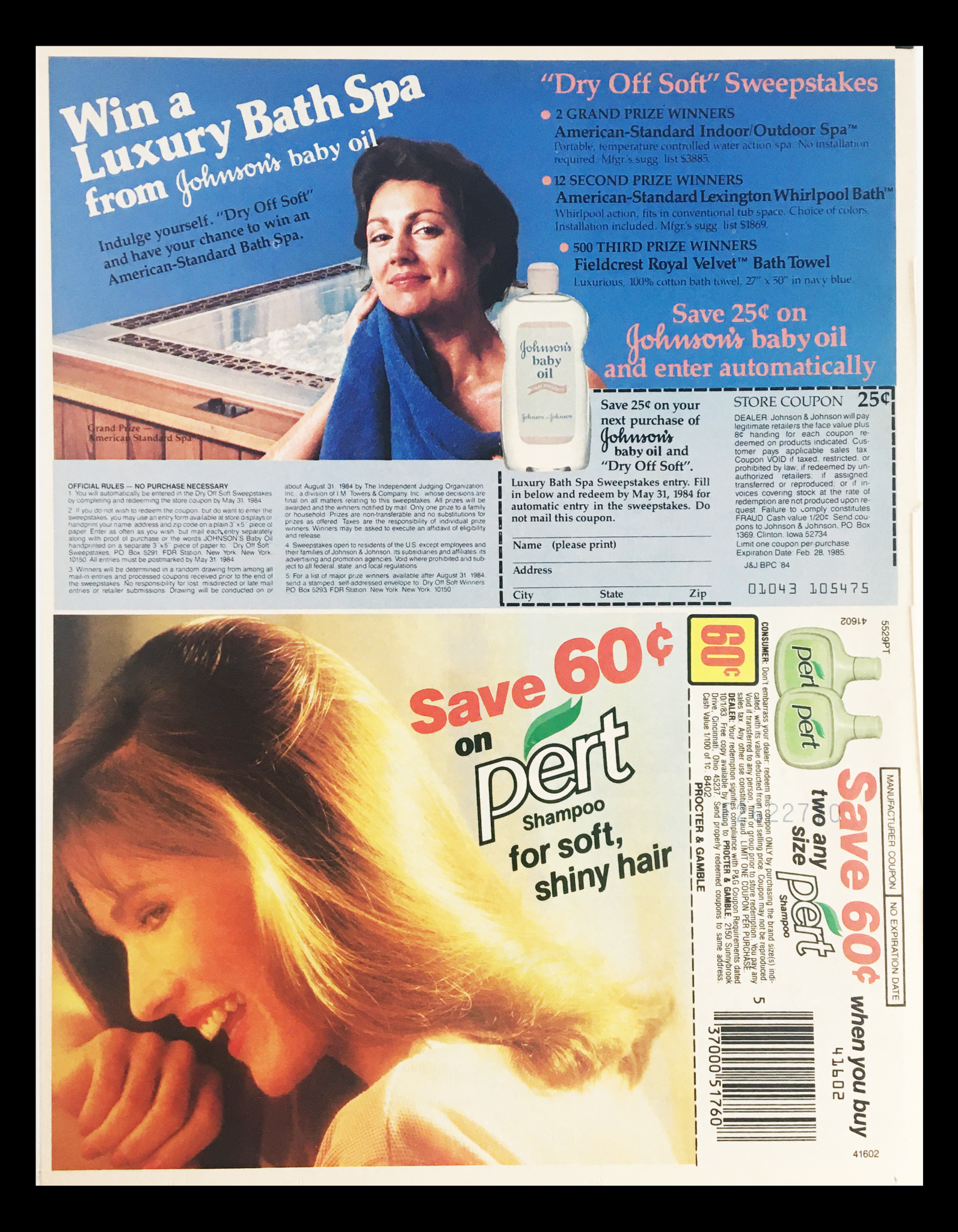 1984 advertisement with a sweepstakes for a luxury bath spa and discounts on Johnson's baby oil and Pert shampoo.