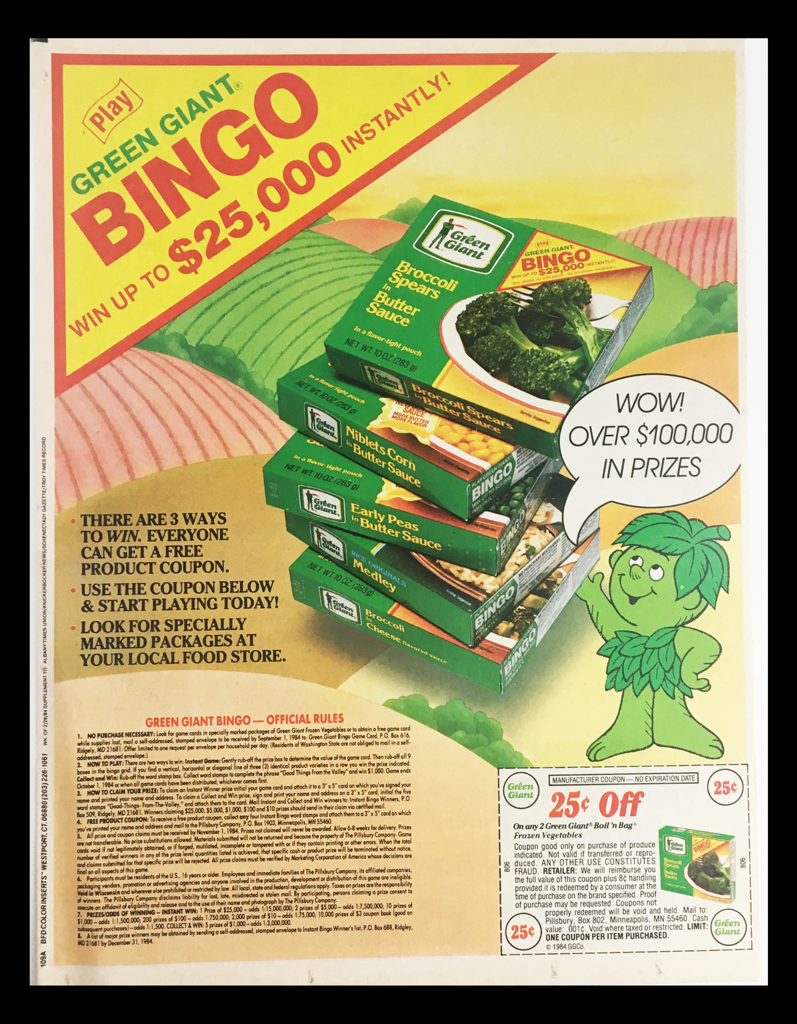 1984 Green Giant Broccoli Bingo Circular Coupon Advertisement