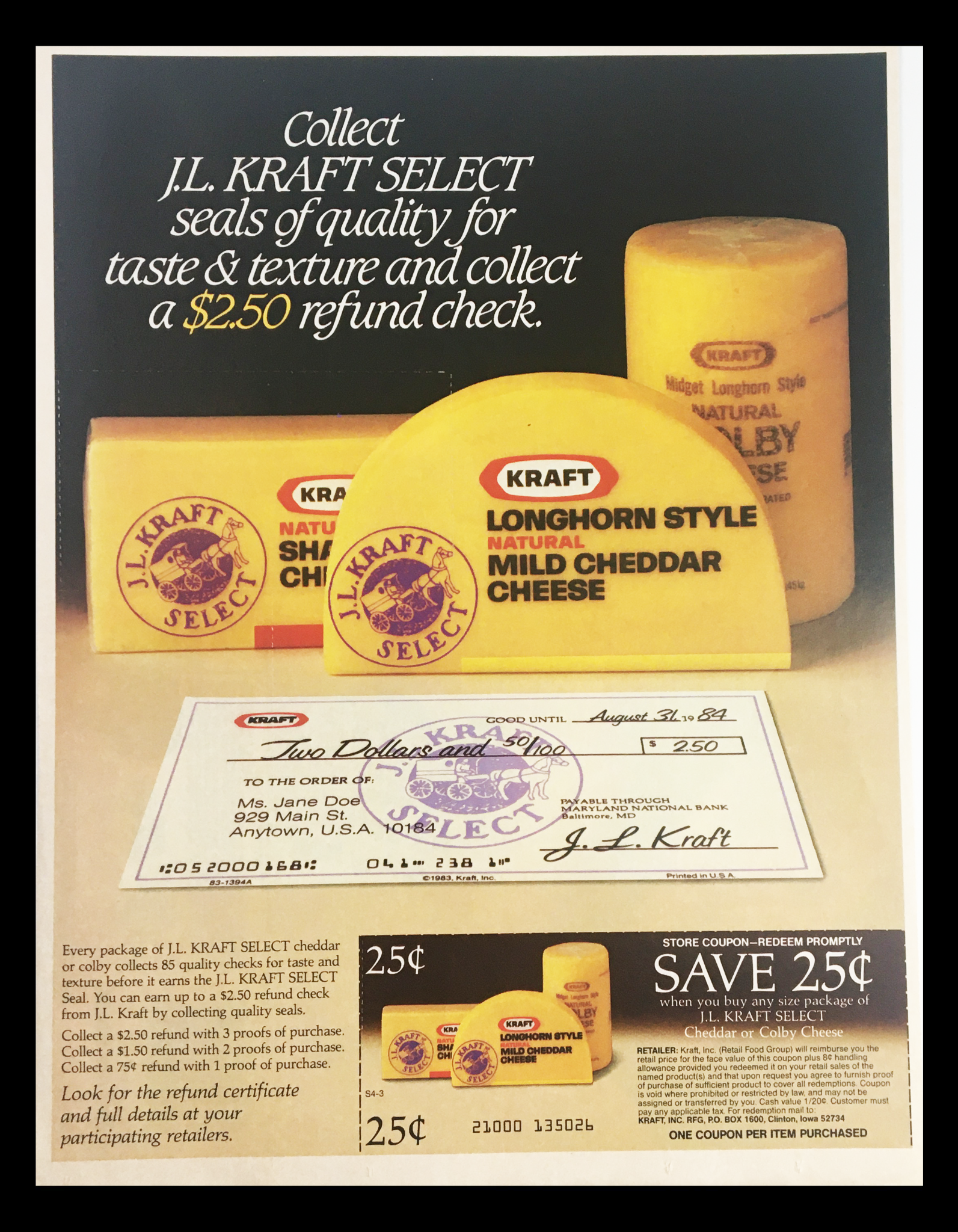 1984 Kraft Longhorn Cheddar Cheese Circular Coupon Advertisement