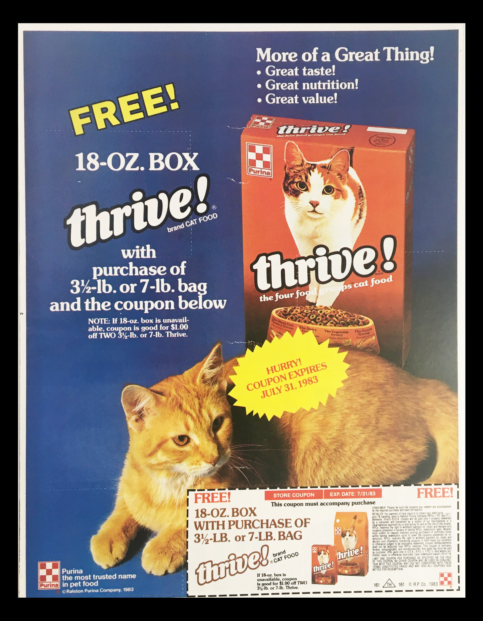 1983 Purina Thrive Cat Food Circular Coupon Advertisement