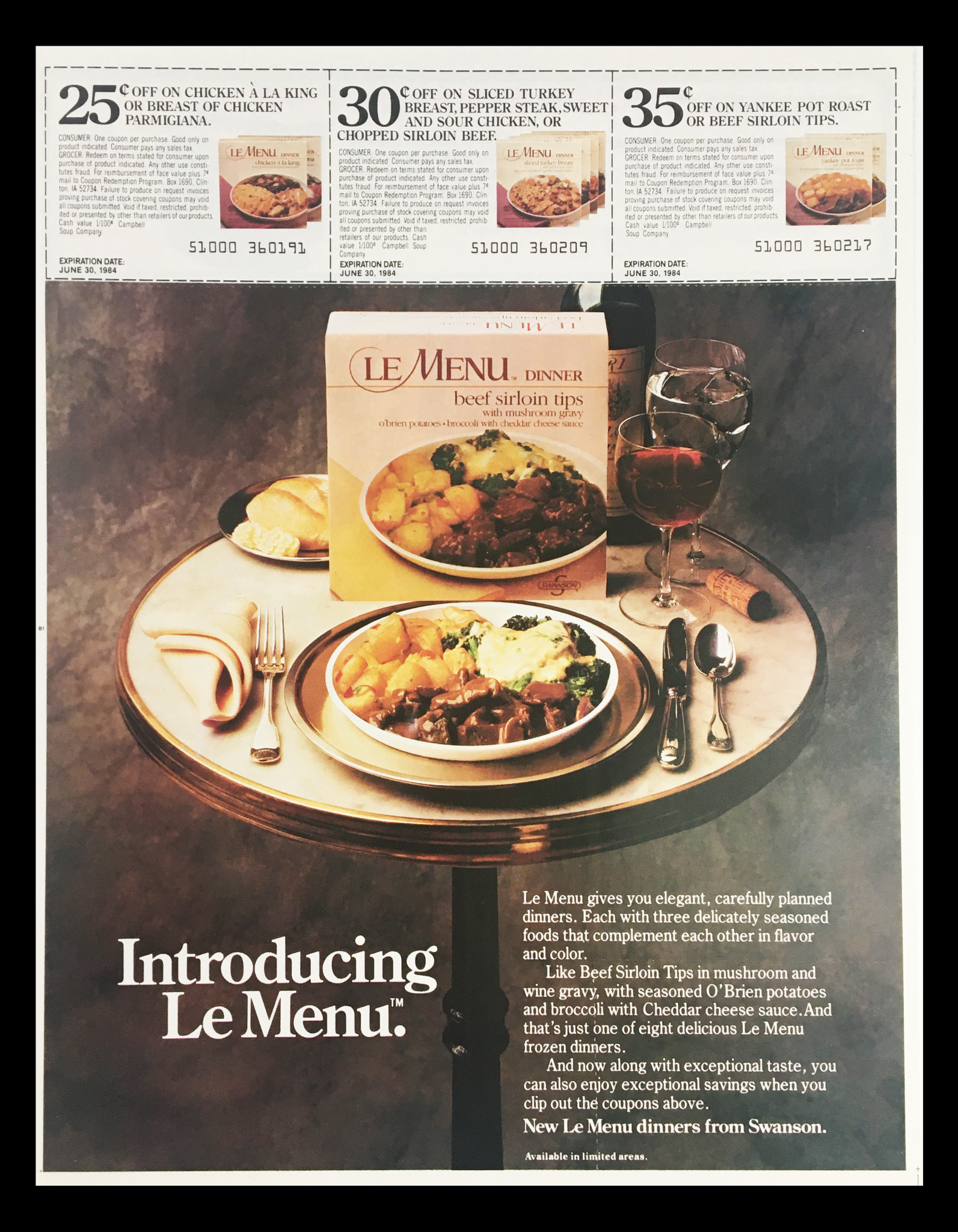 1984 Le Menu Dinner Beef Sirloin Tips Circular Coupon Advertisement