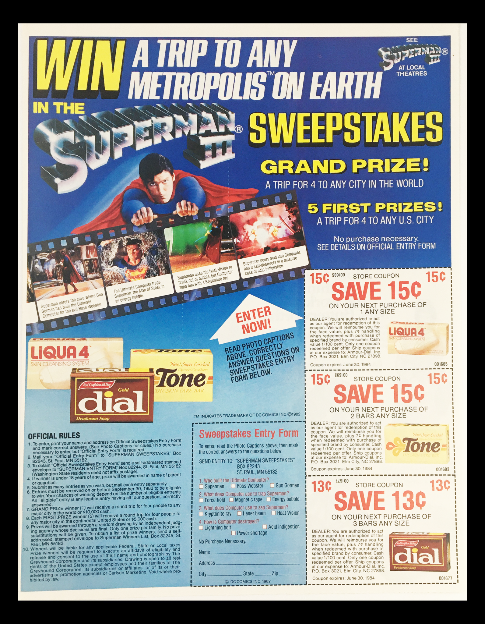 1982 Superman III Metropolis Sweepstakes Circular Coupon Advertisement