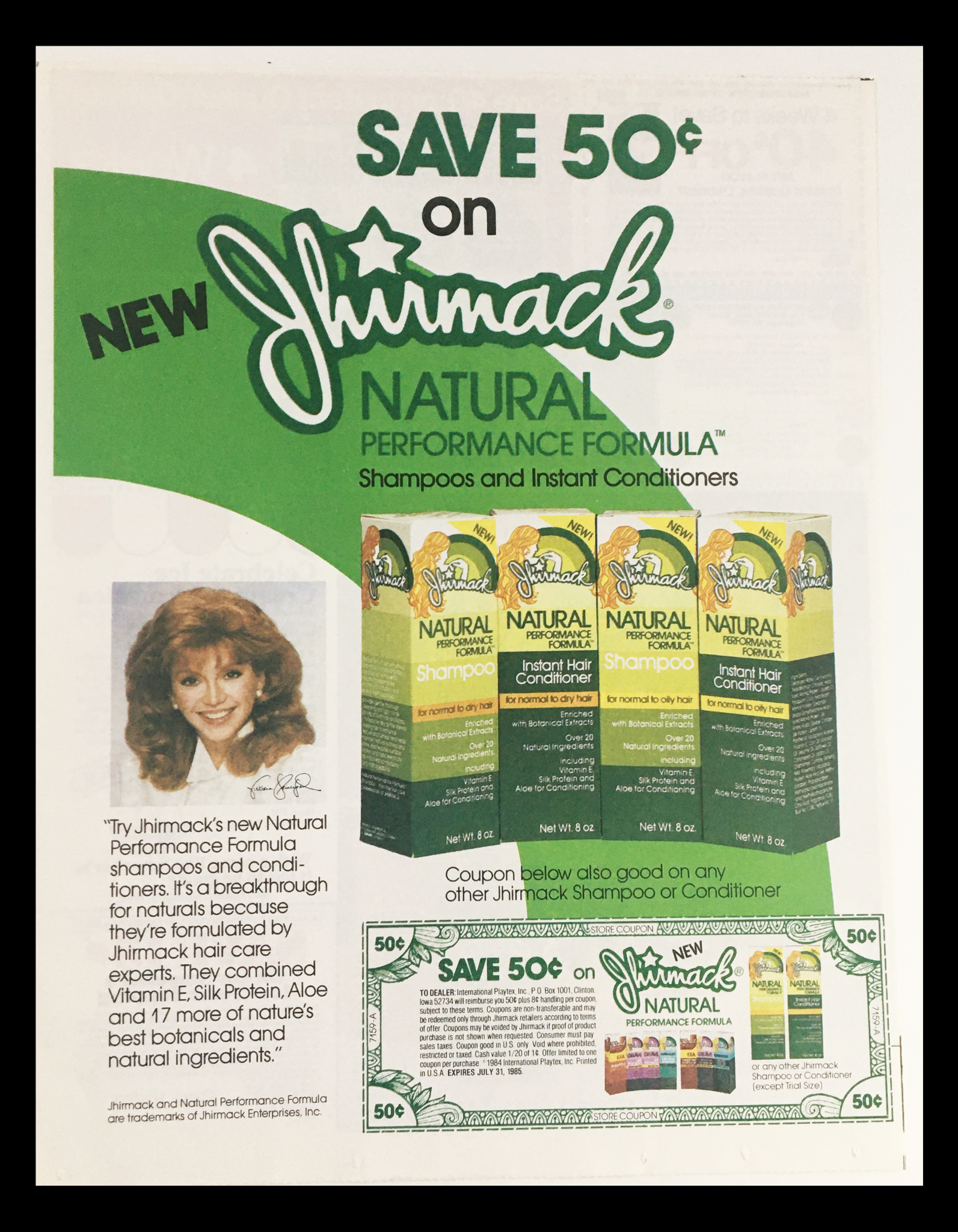 1985 Shirmack Natural Performance Formula Shampoo Circular Coupon Advertisement