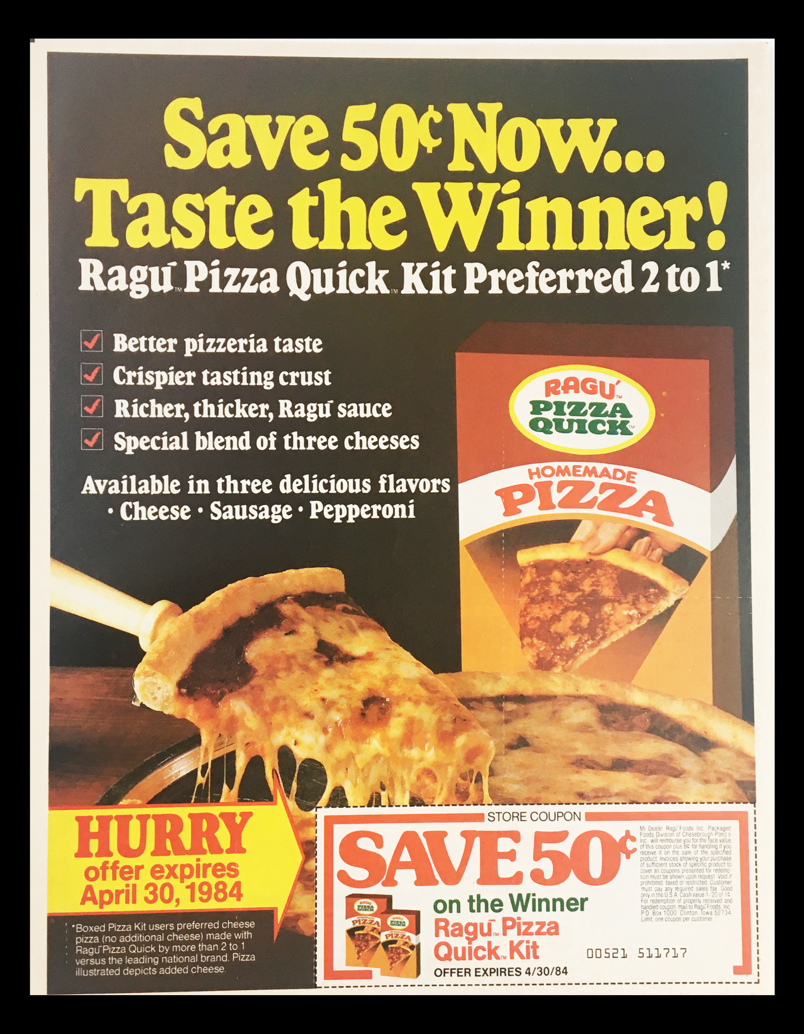 1984 Ragu Pizza Quick Kit Circular Coupon Advertisement