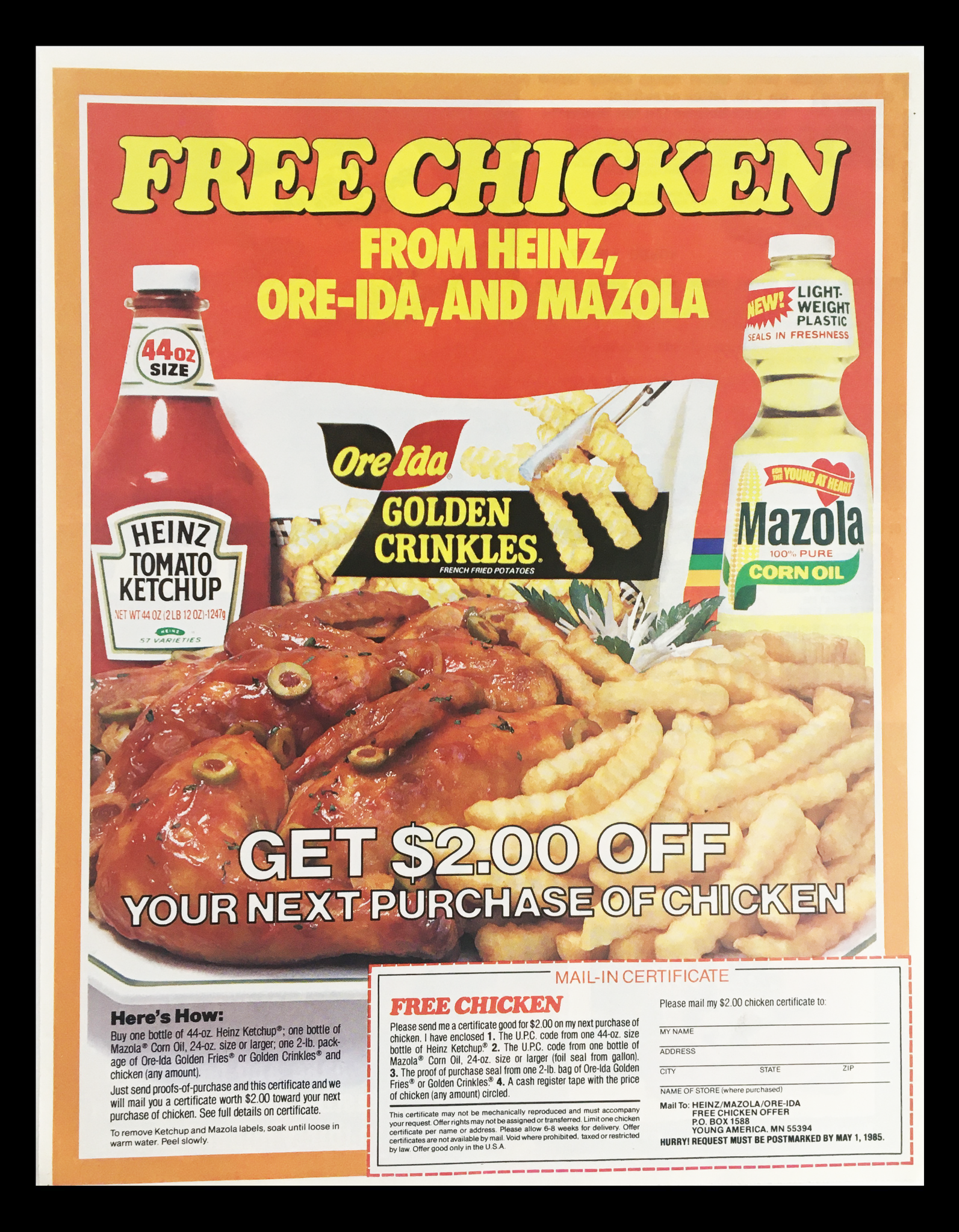 1985 Heinz, Ore-Ida & Mazola Free Chicken Circular Coupon Advertisement