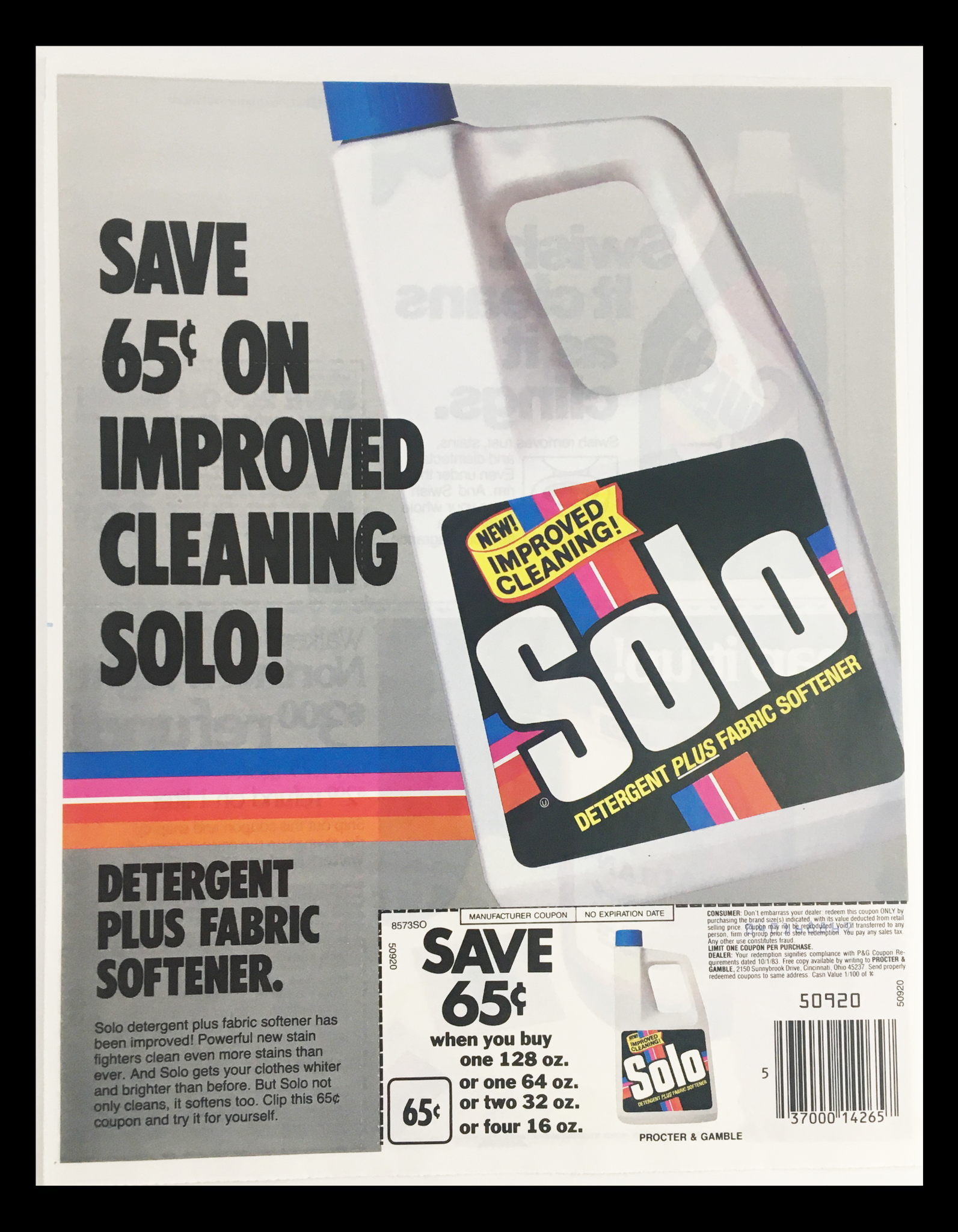 1983 Solo Detergent Plus Fabric Softener Circular Coupon Advertisement