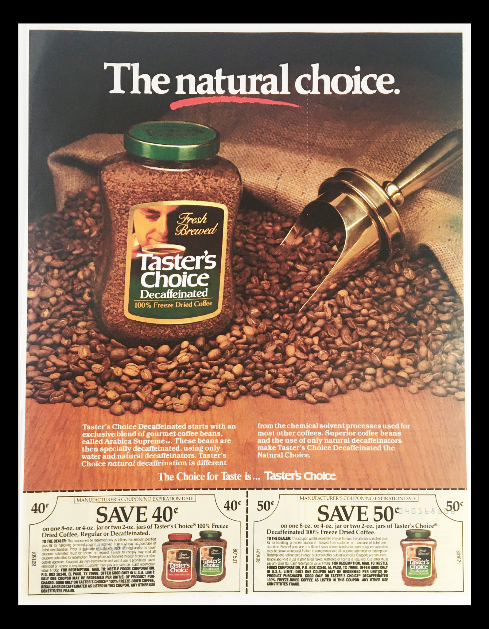 1985 Taster's Choice Decaffeinated Coffee Circular Coupon Advertisement