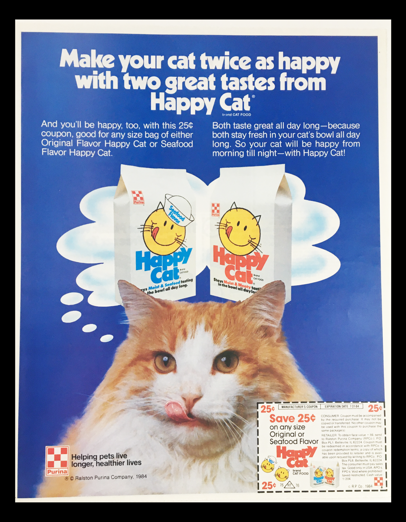 1984 Purina Happy Cat Seafood Flavor Cat Food Circular Coupon Advertisement