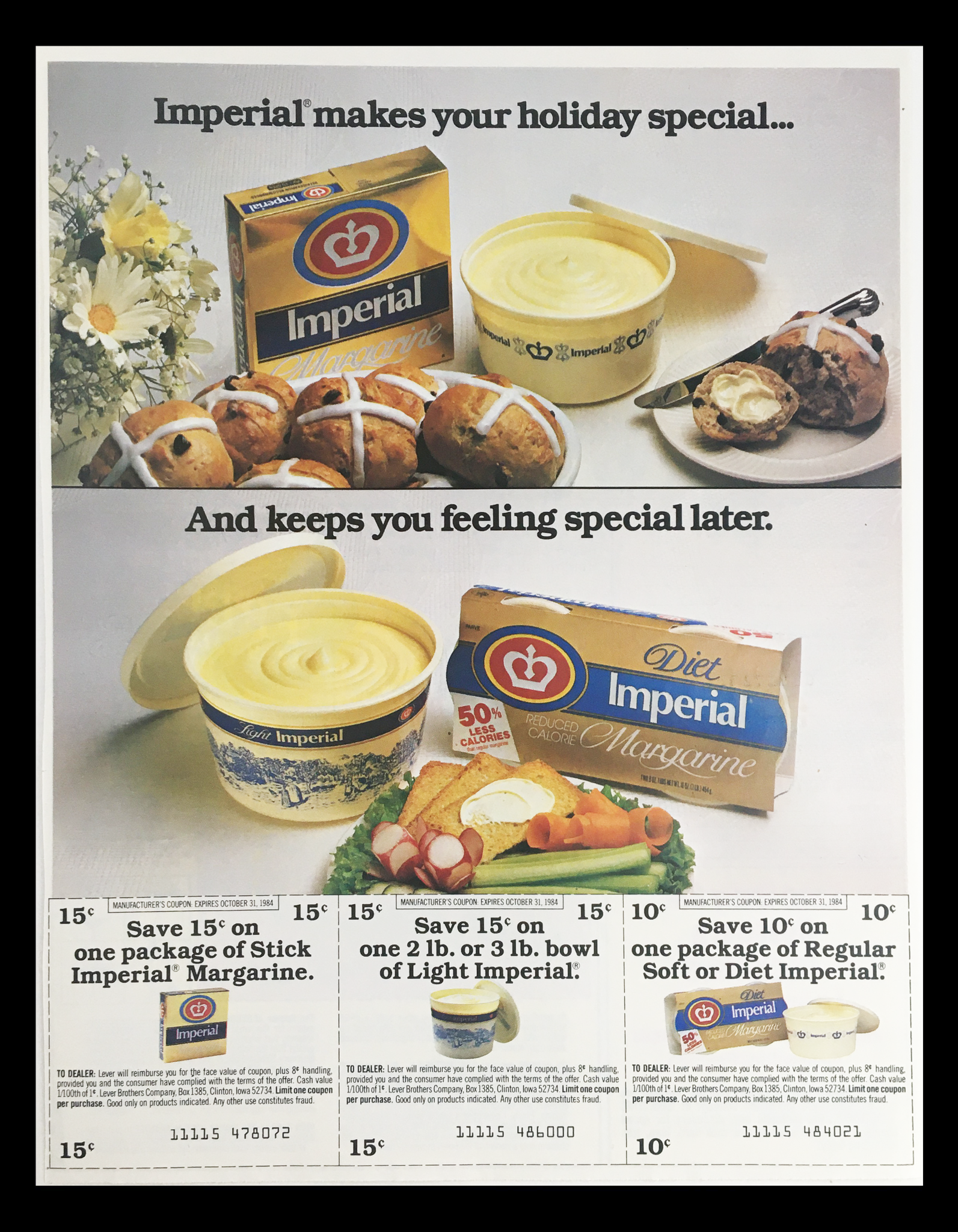 1984 Diet Imperial Margarine Circular Coupon Advertisement featuring Imperial Margarine packaging, baked goods, and promotional savings coupons, highlighting a holiday theme.