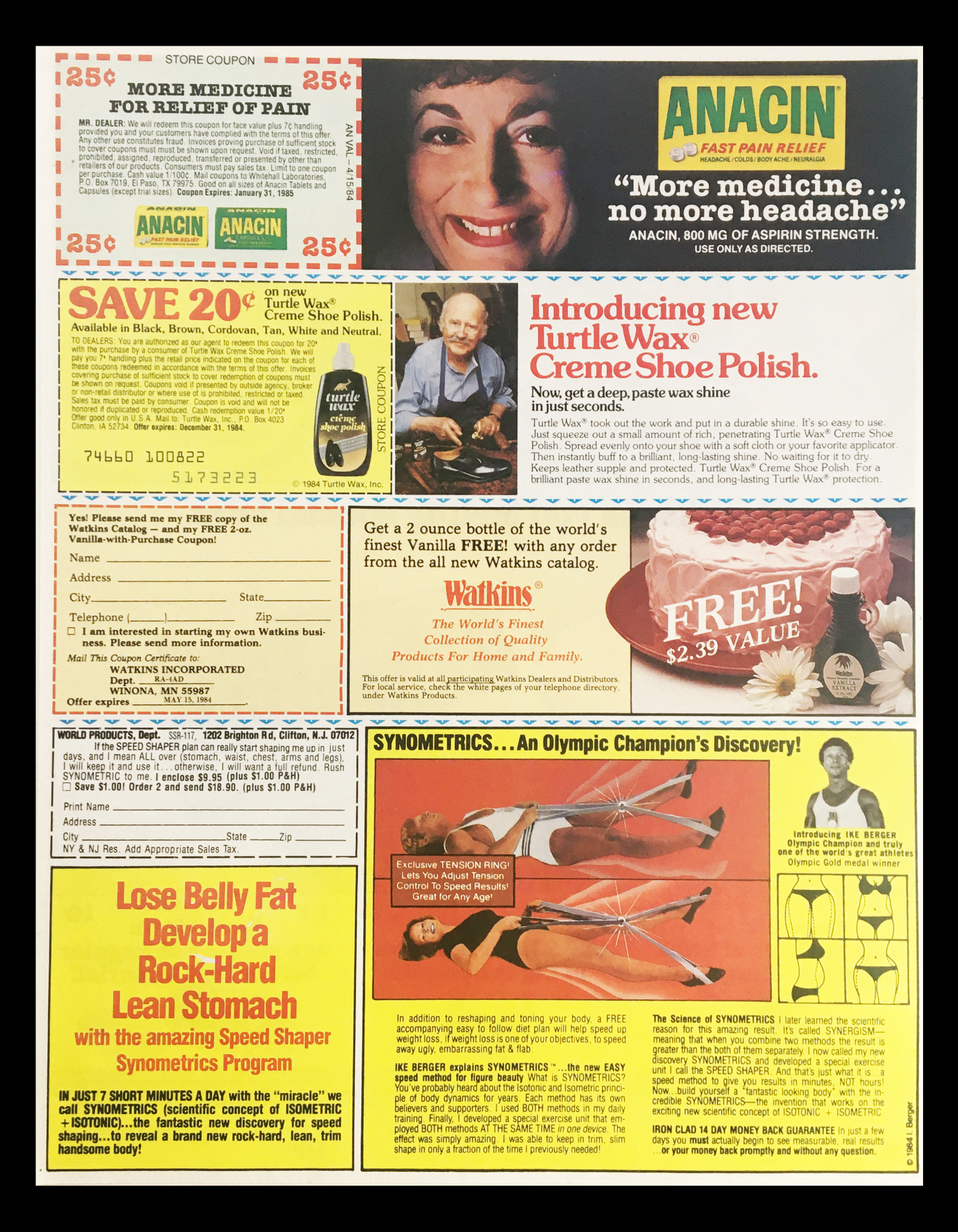 1984 colorful coupon advertisement showcasing Anacin pain relief, Turtle Wax shoe polish, and various health and beauty products with promotional offers.