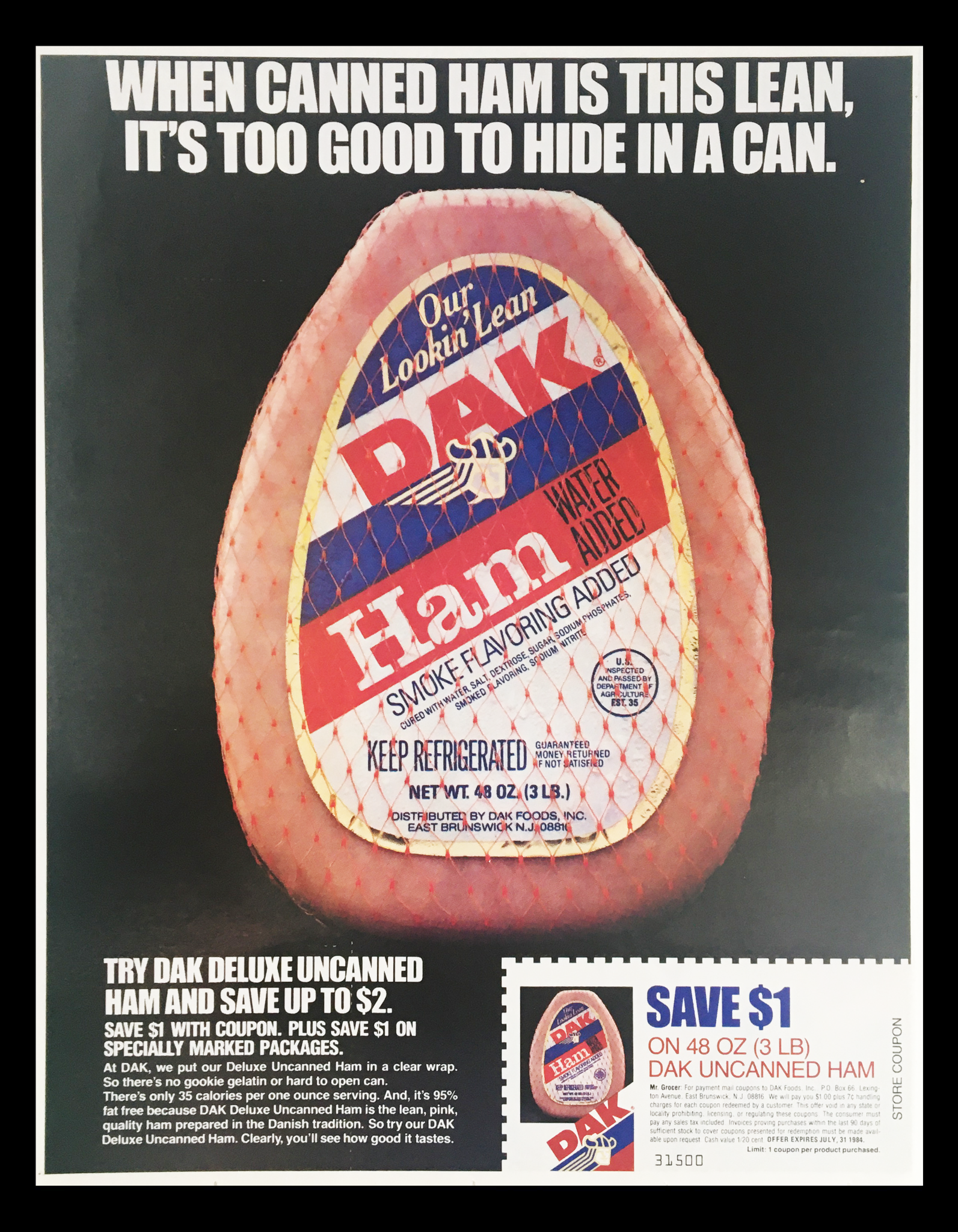 1984 Dak Uncanned Ham Smoke Flavored Circular Coupon Advertisement