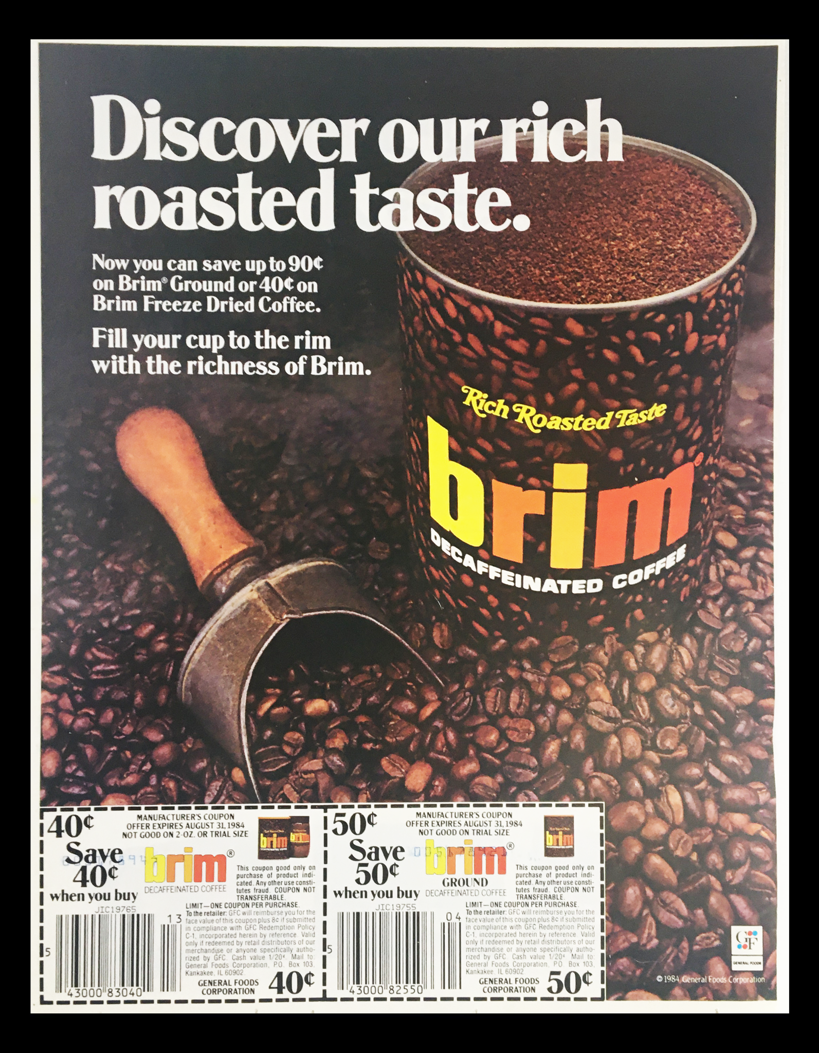 1984 Brim Decaffeinated Coffee Circular Coupon Advertisement