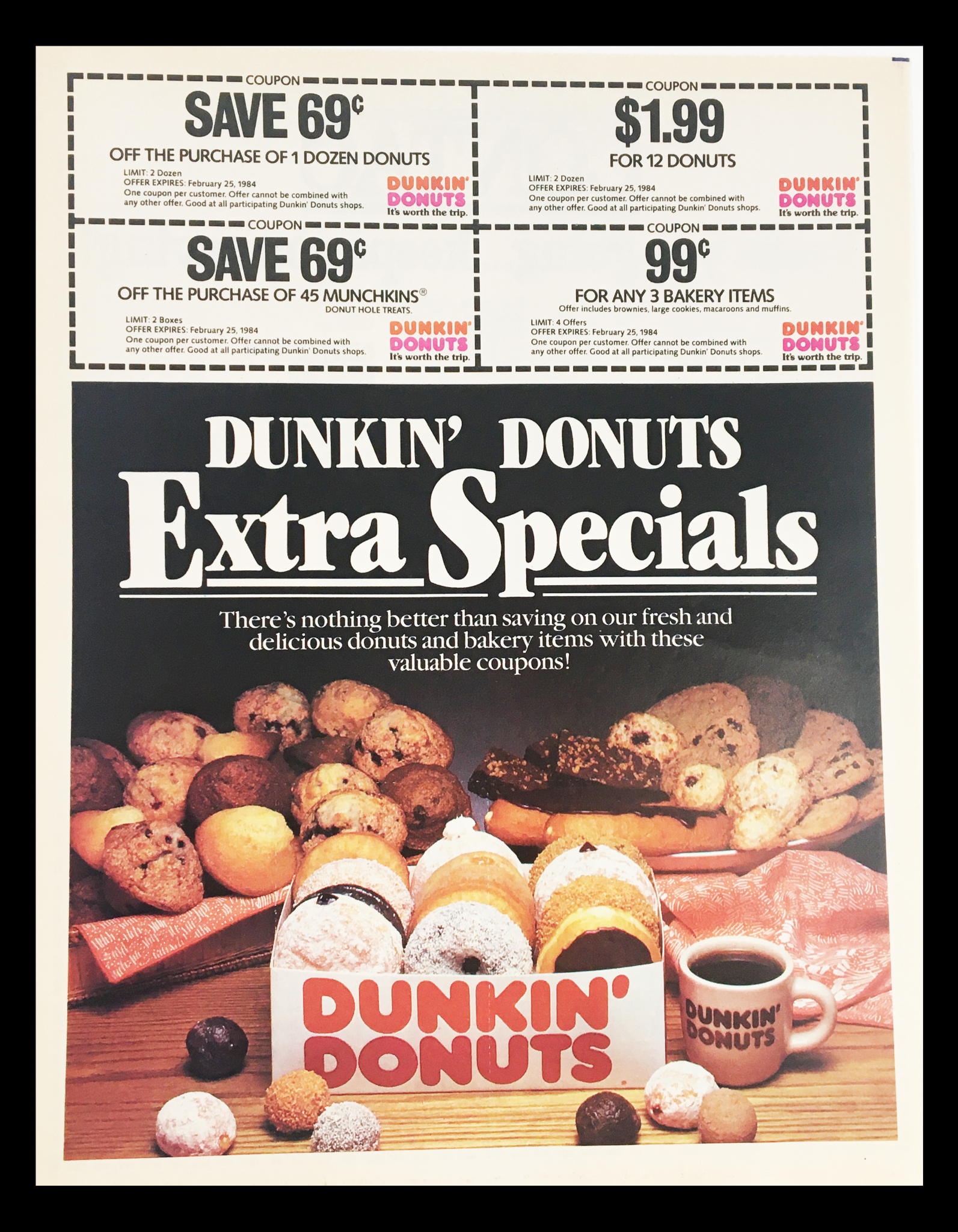 1984 Dunkin' Donuts Extra Special Circular Coupon Advertisement