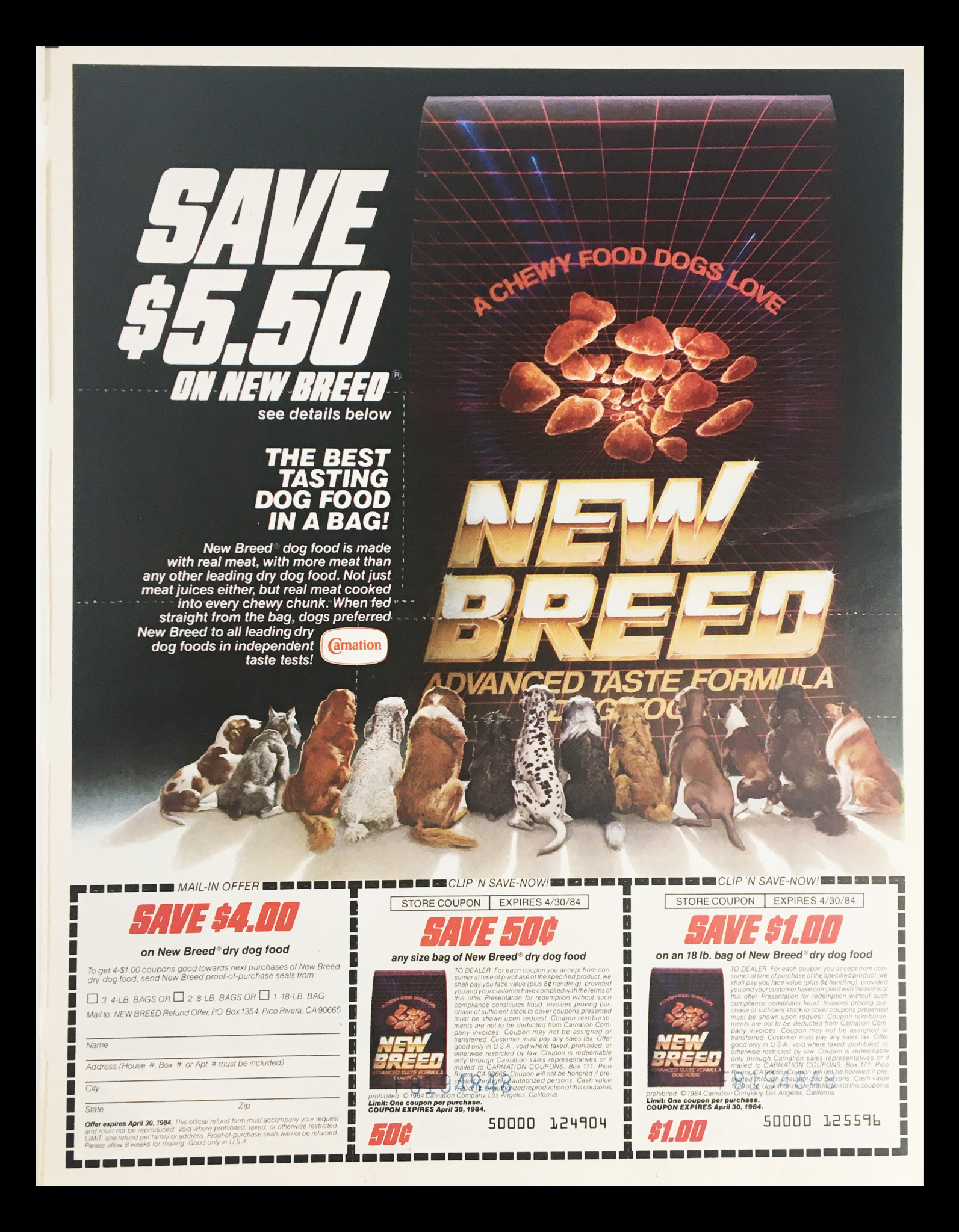 1984 New Breed Advance Taste Formula Dog Food Circular Coupon Advertisement