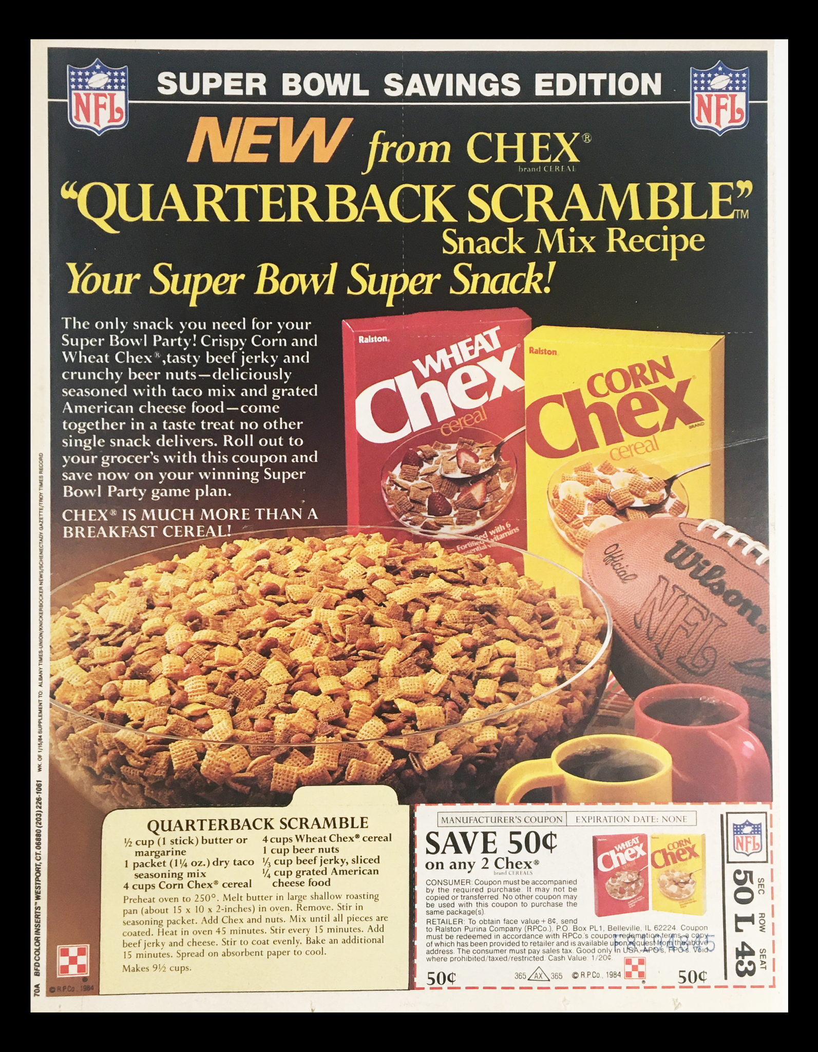 1984 NFL Super Bowl Chex Corn Cereal Circular Coupon Advertisement