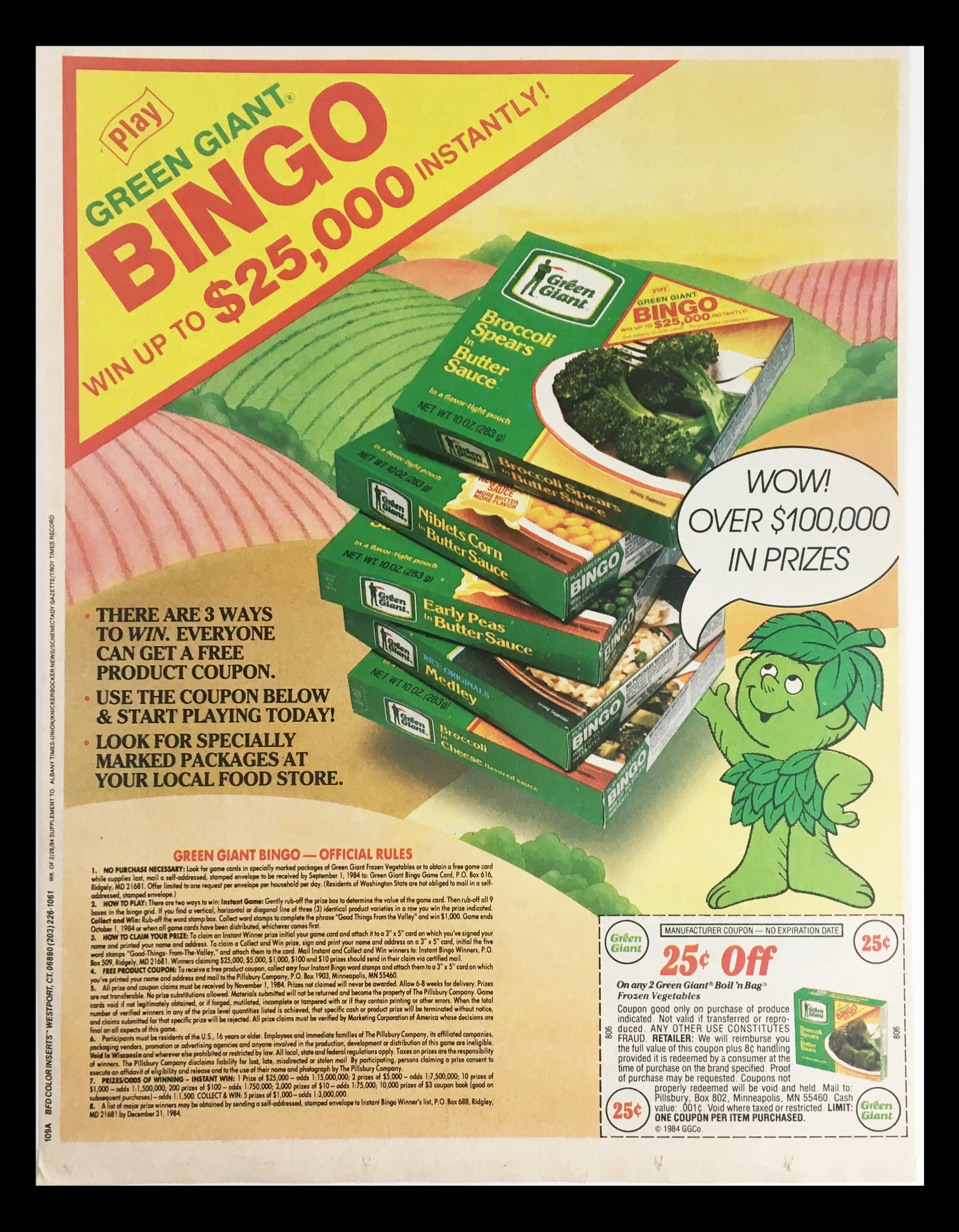 1984 Green Giant Broccoli Spears Bingo Circular Coupon Advertisement