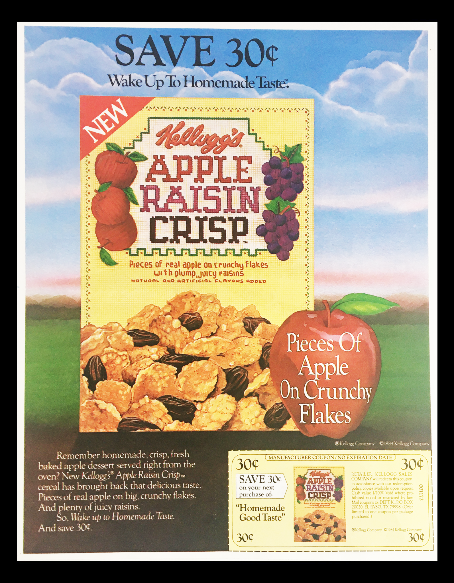 1984 Kellog's Apple Raisin Crisp Crunchy Flakes Circular Coupon Advertisement