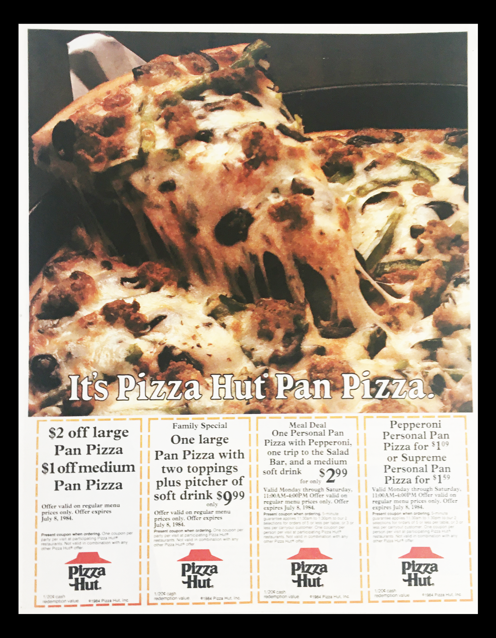 1984 Pizza Hut Pan Pizza Circular Coupon Advertisement