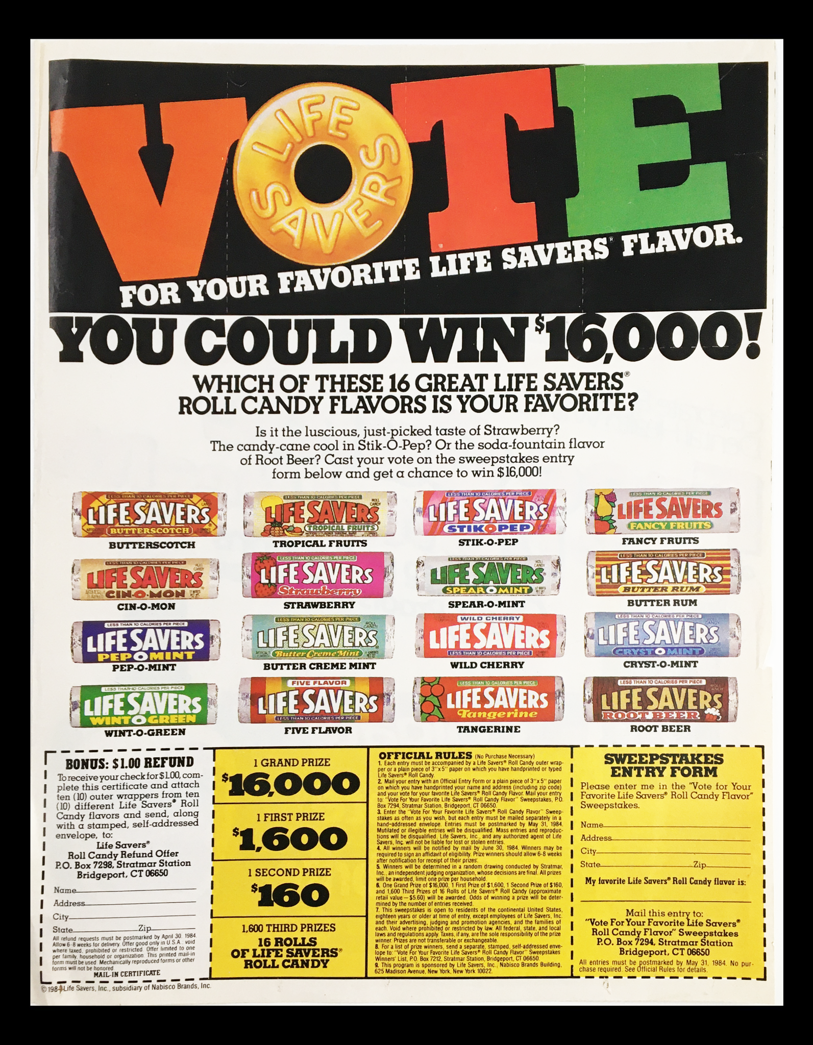 1984 Life Savers Roll Candy Flavors Sweepstakes Circular Coupon Advertisement