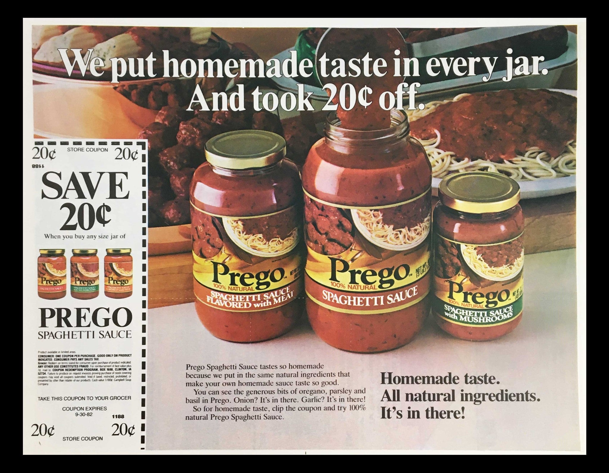 1982 Prego Spaghetti Sauce Flavored with Meat Circular Coupon Advertisement