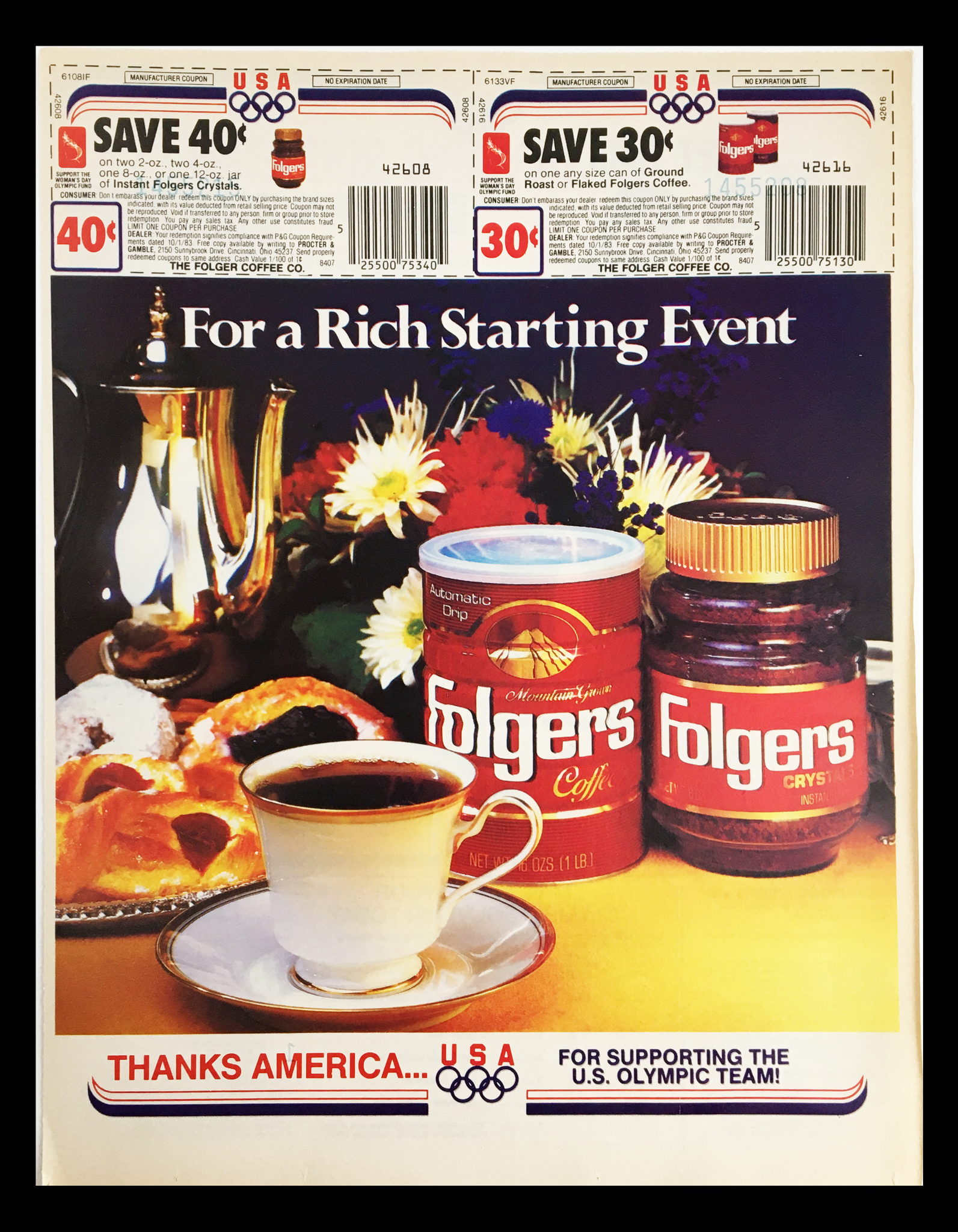 1984 Folgers Coffee U.S. Olympic Team Circular Coupon Advertisement