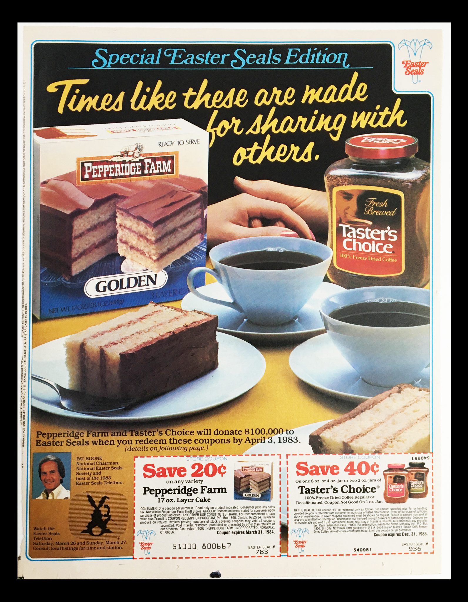 1983 Pepperidge Farm Golden Cake & Folger's Coffee Circular Coupon Advertisement