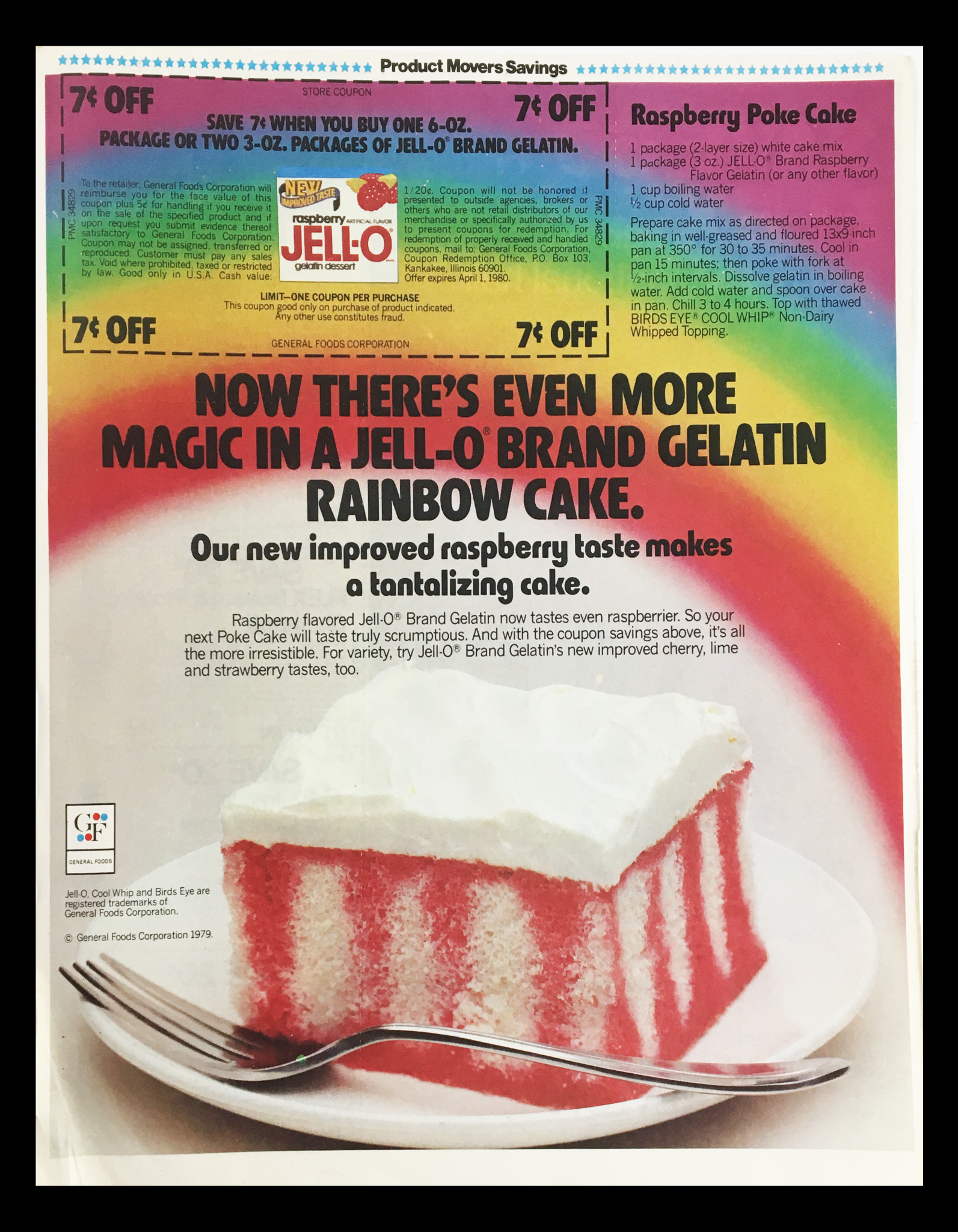 1979 Jell-O Brand Gelatin Rainbow Cake Circular Coupon Advertisement