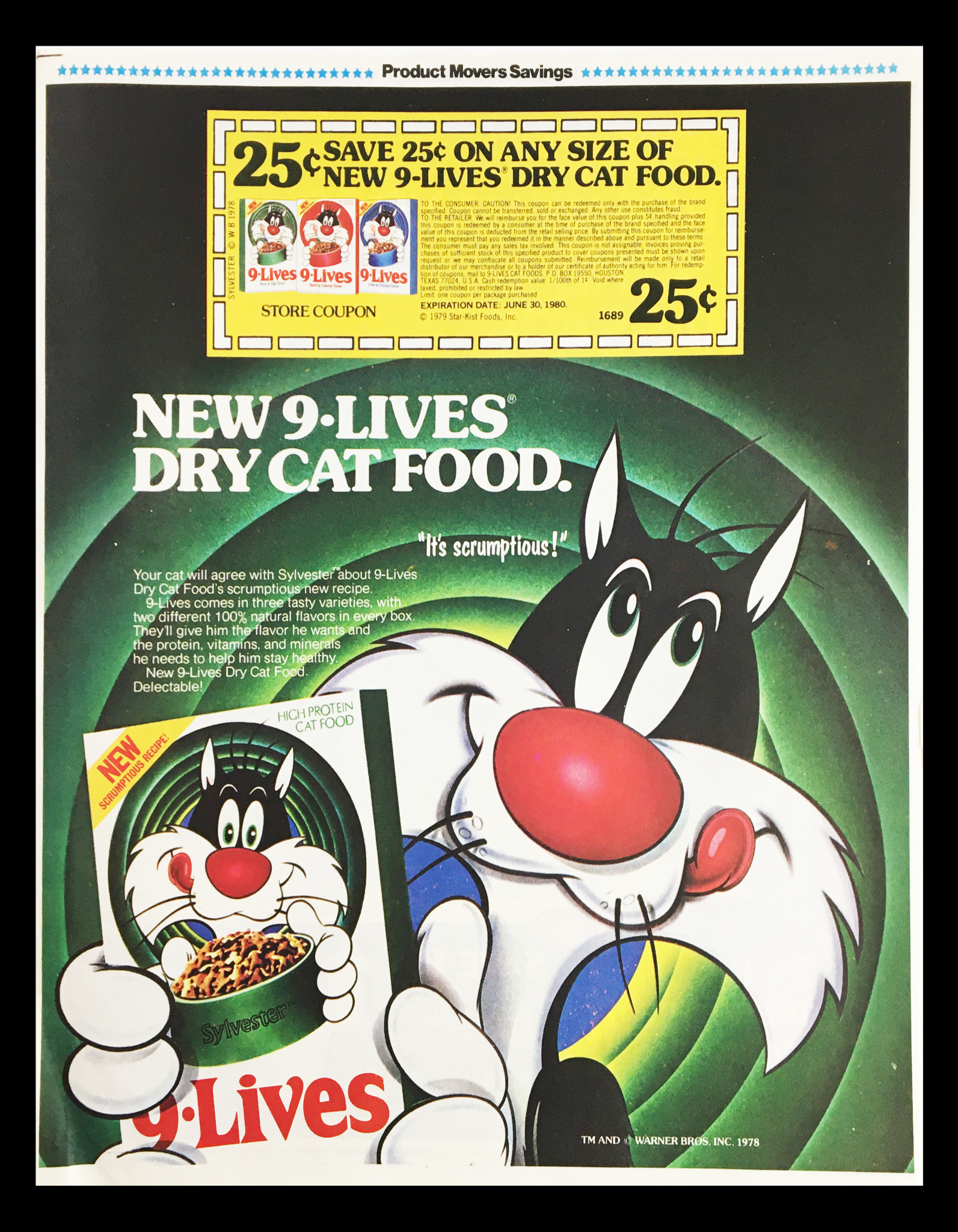 1980 Warner Bro's 9-Lives Dry Cat Food Circular Coupon Advertisement