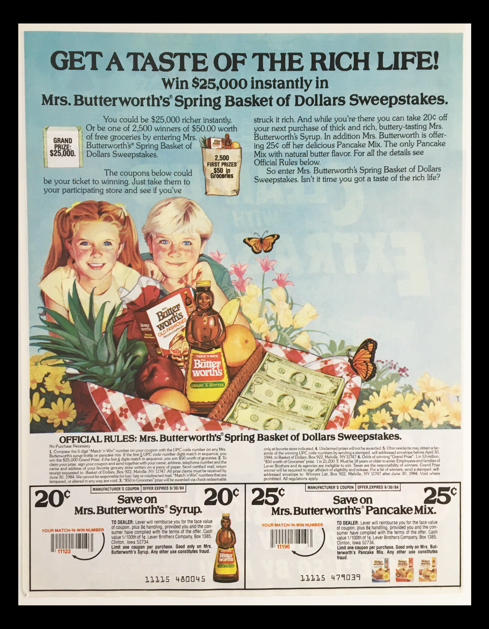 1984 Mrs. Butterworth's Spring Basket Sweepstakes Circular Coupon Advertisement