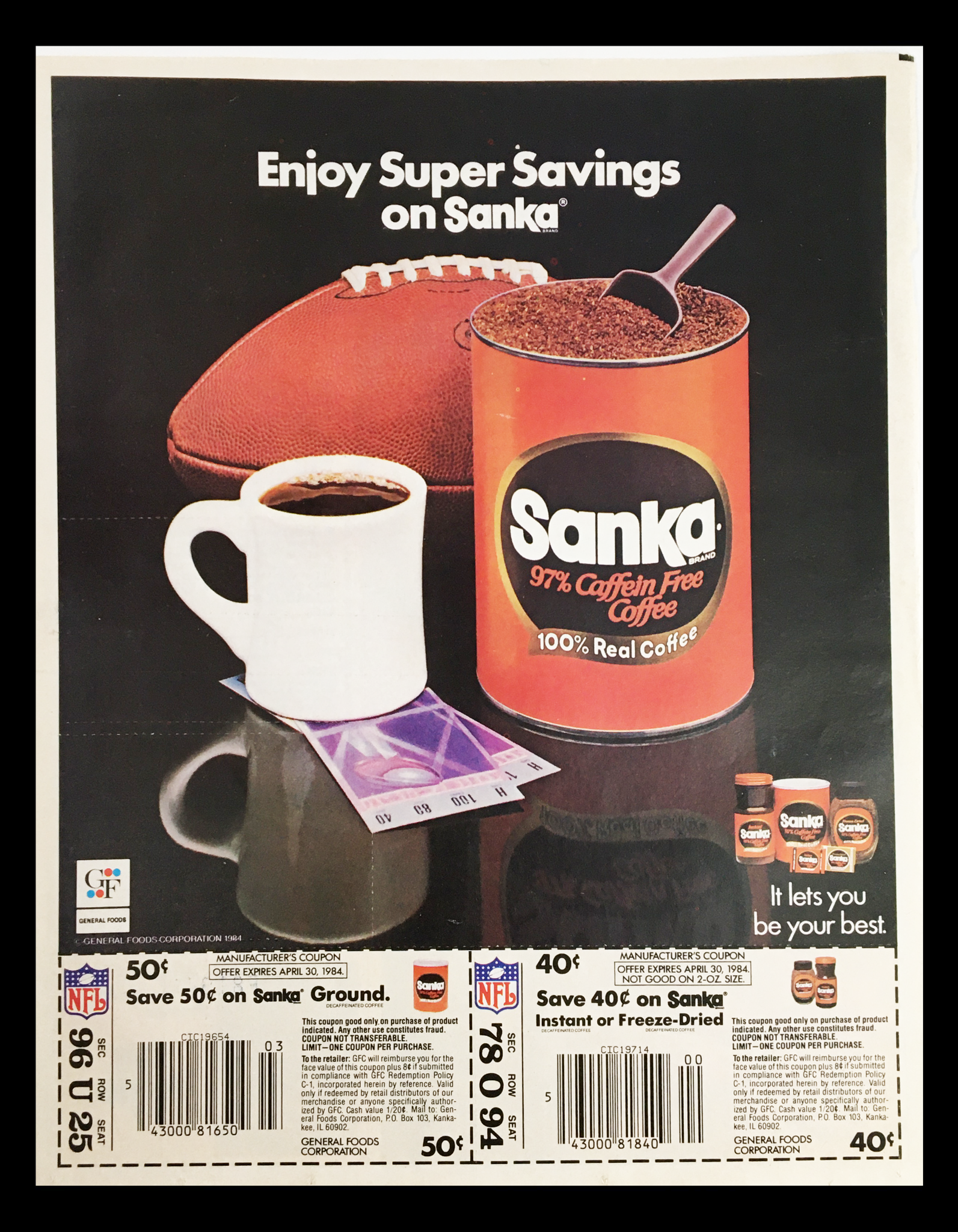 1984 Sanka Brand Caffein Free Coffee Circular Coupon Advertisement