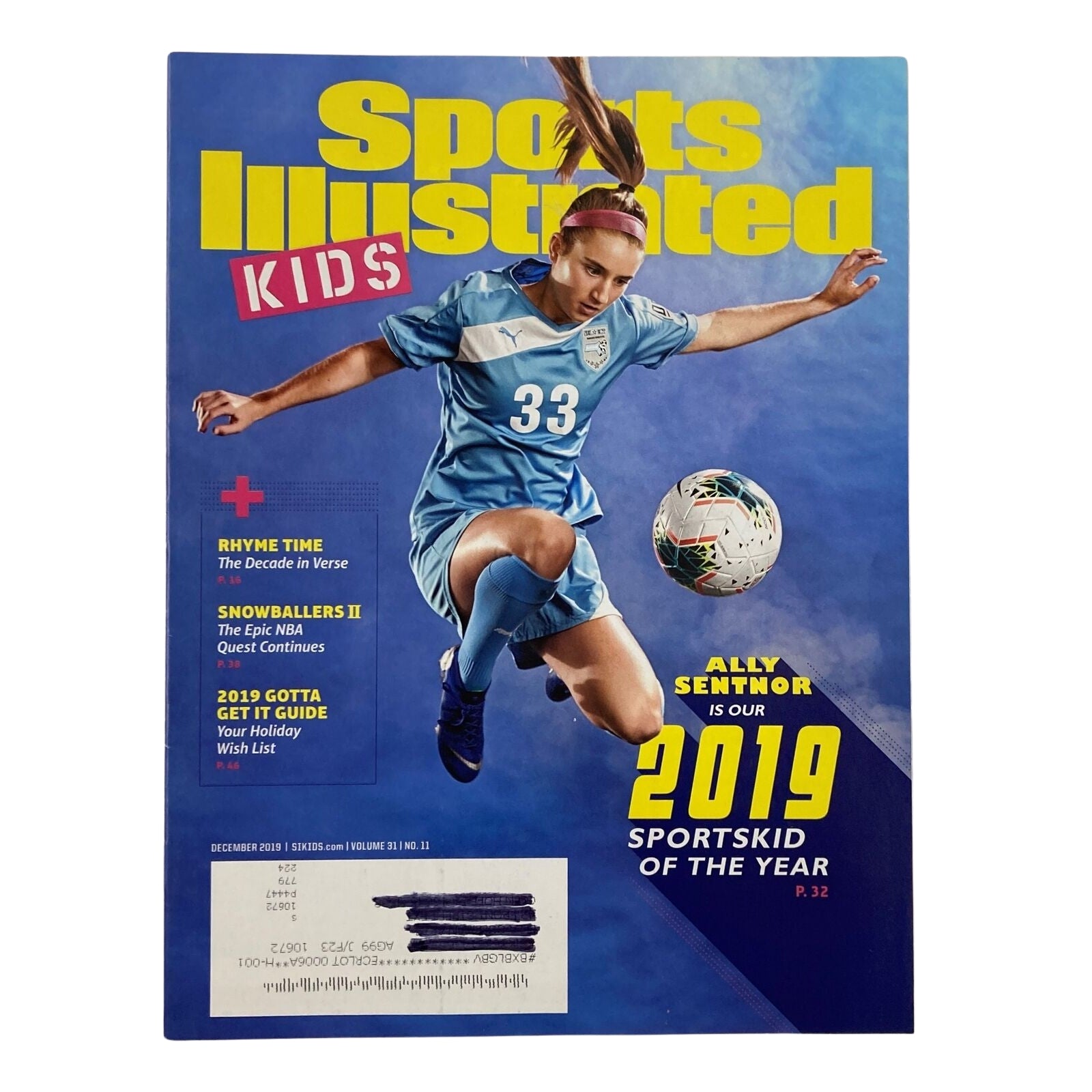 Cover of Sports Illustrated Kids magazine from December 2019 featuring Ally Sentnor as Sportskid of the Year, showcasing exciting content for young sports fans.
