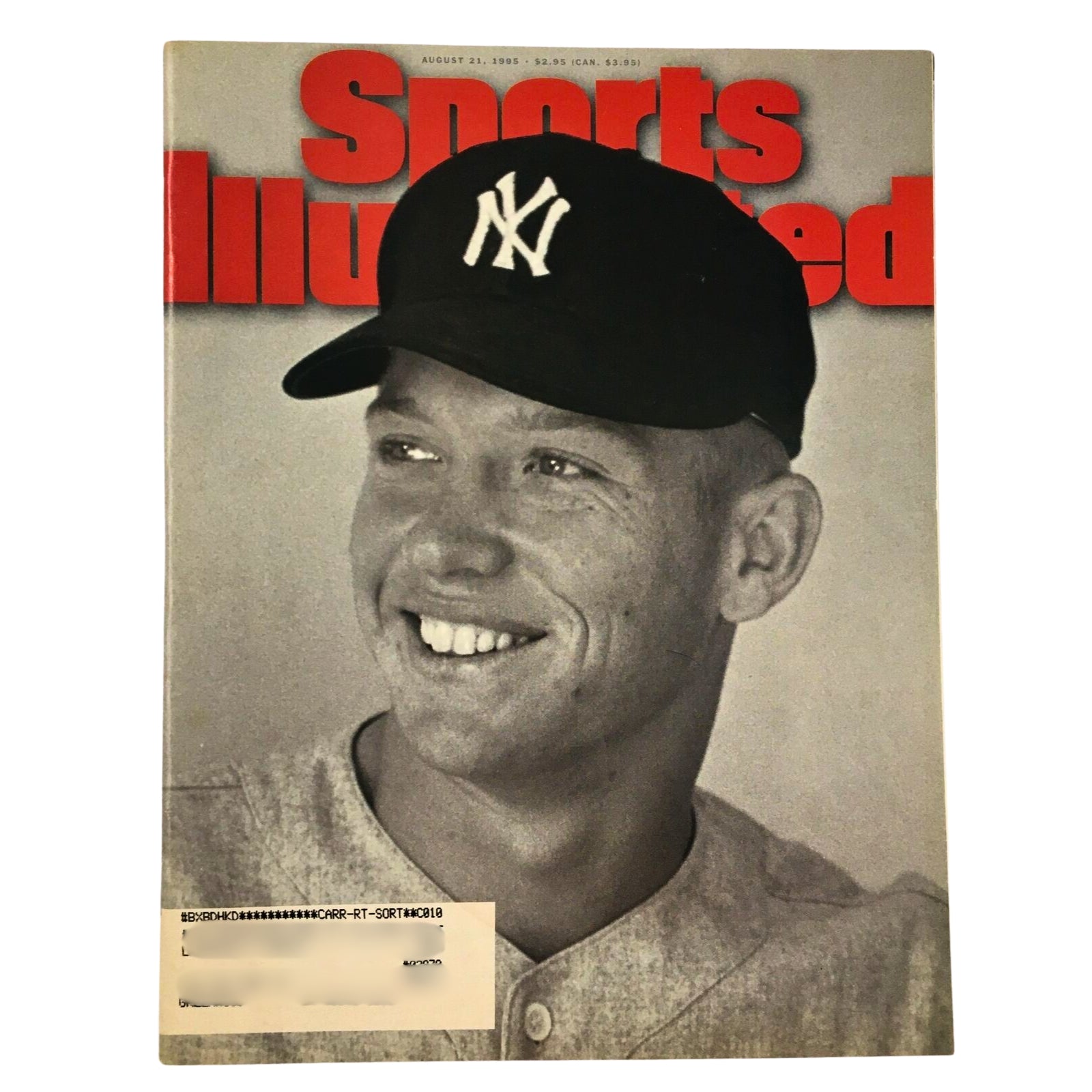 Cover of Sports Illustrated magazine from August 21, 1995, featuring a smiling young baseball player wearing a NY cap. Part of the lot of 6 1960s-1990s Sports Illustrated Magazine Baseball Legends and History.