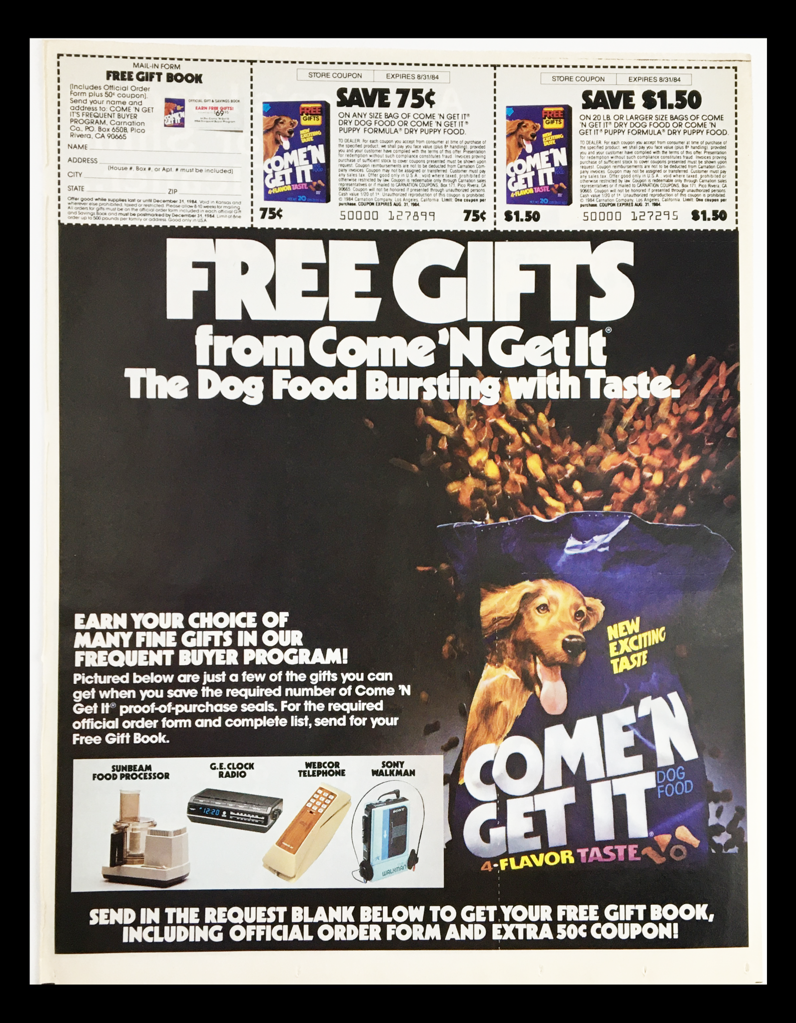 1984 Come 'N Get It 4-Flavor Taste Dog Food Circular Coupon Advertisement