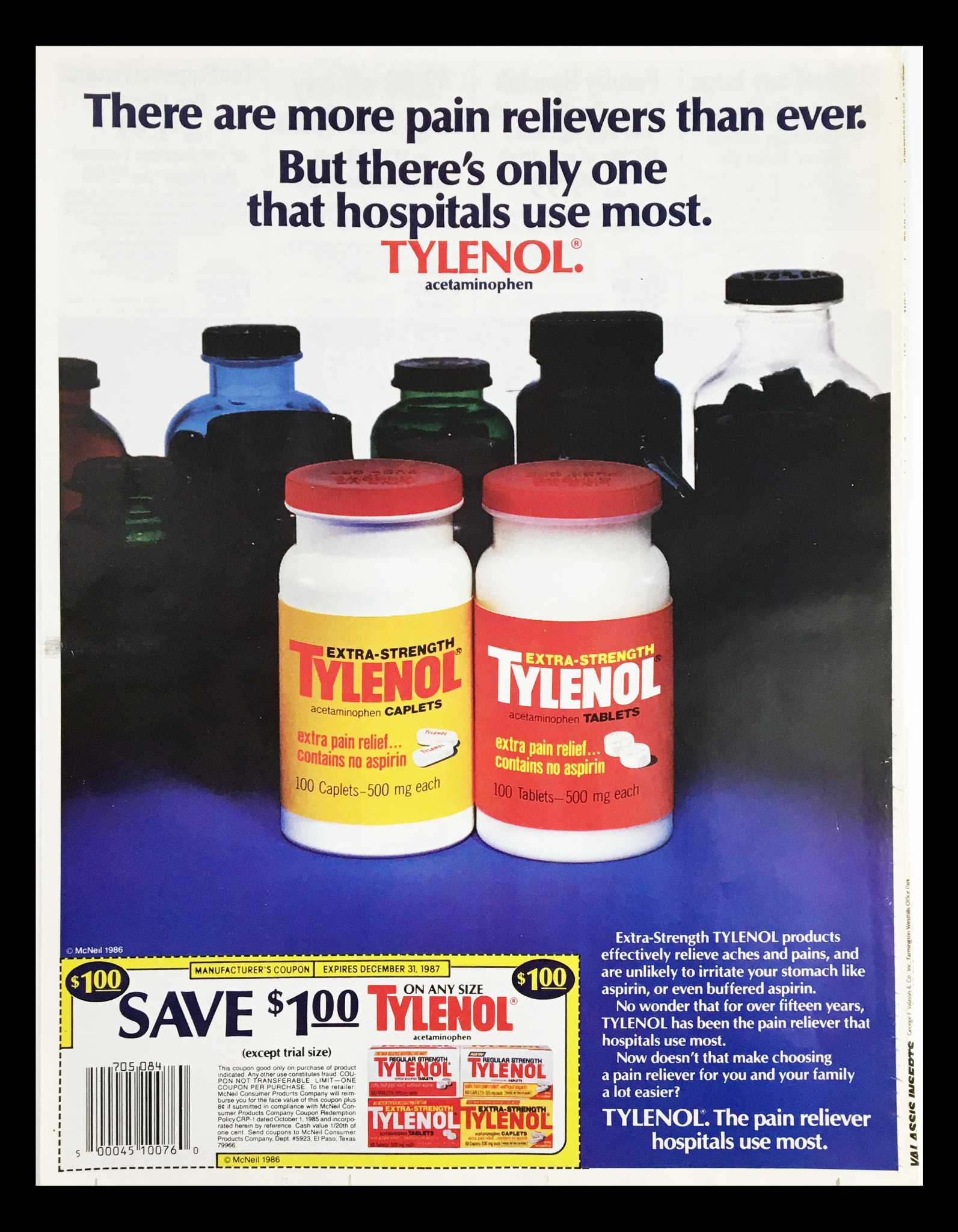 1986 Tylenol Acetaminophen Tablets Circular Coupon Advertisement featuring Extra-Strength Tylenol bottles with a promotional message, emphasizing effectiveness and pain relief.