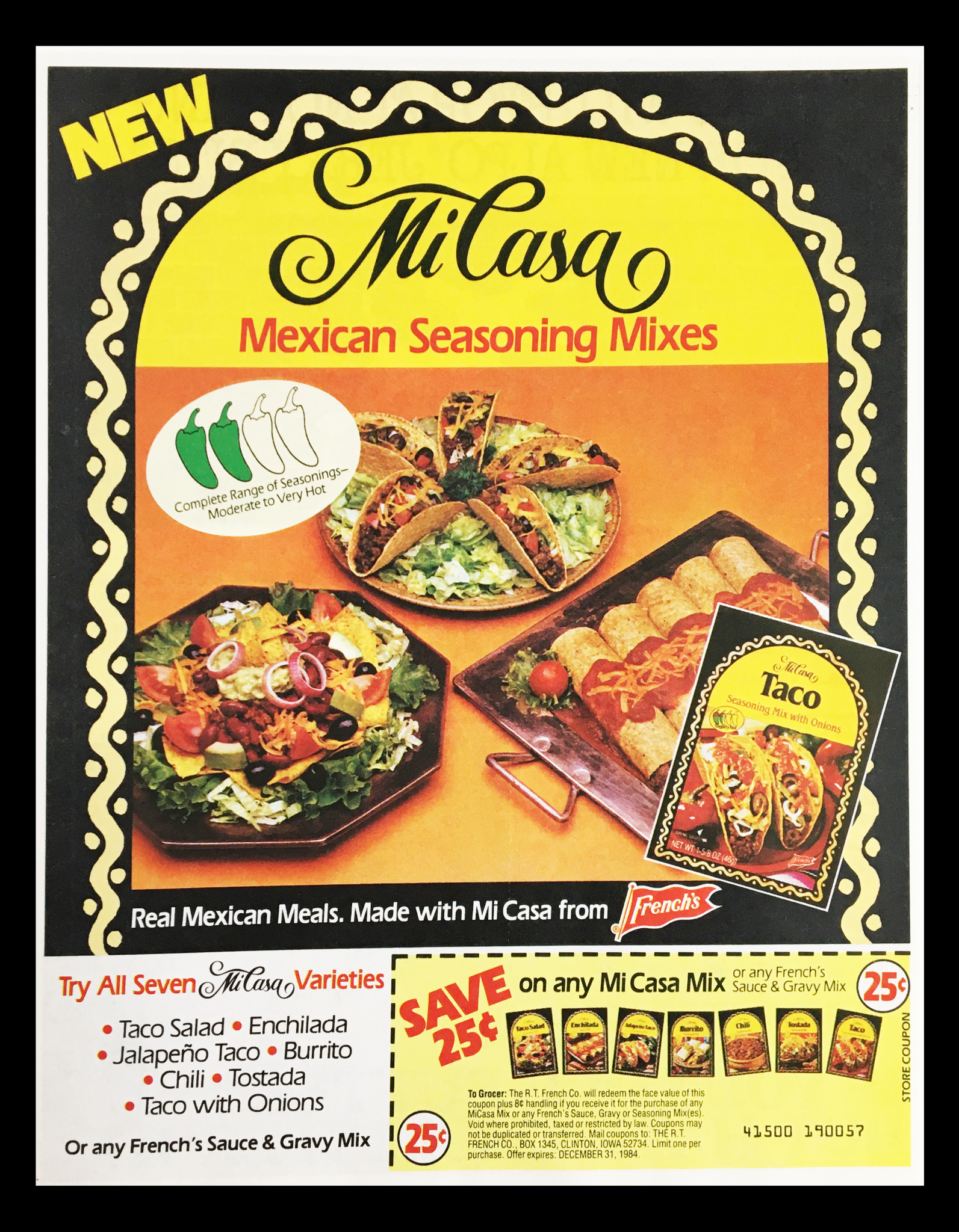 1984 Mi Casa Mexican Seasoning Mixes Circular Coupon Advertisement