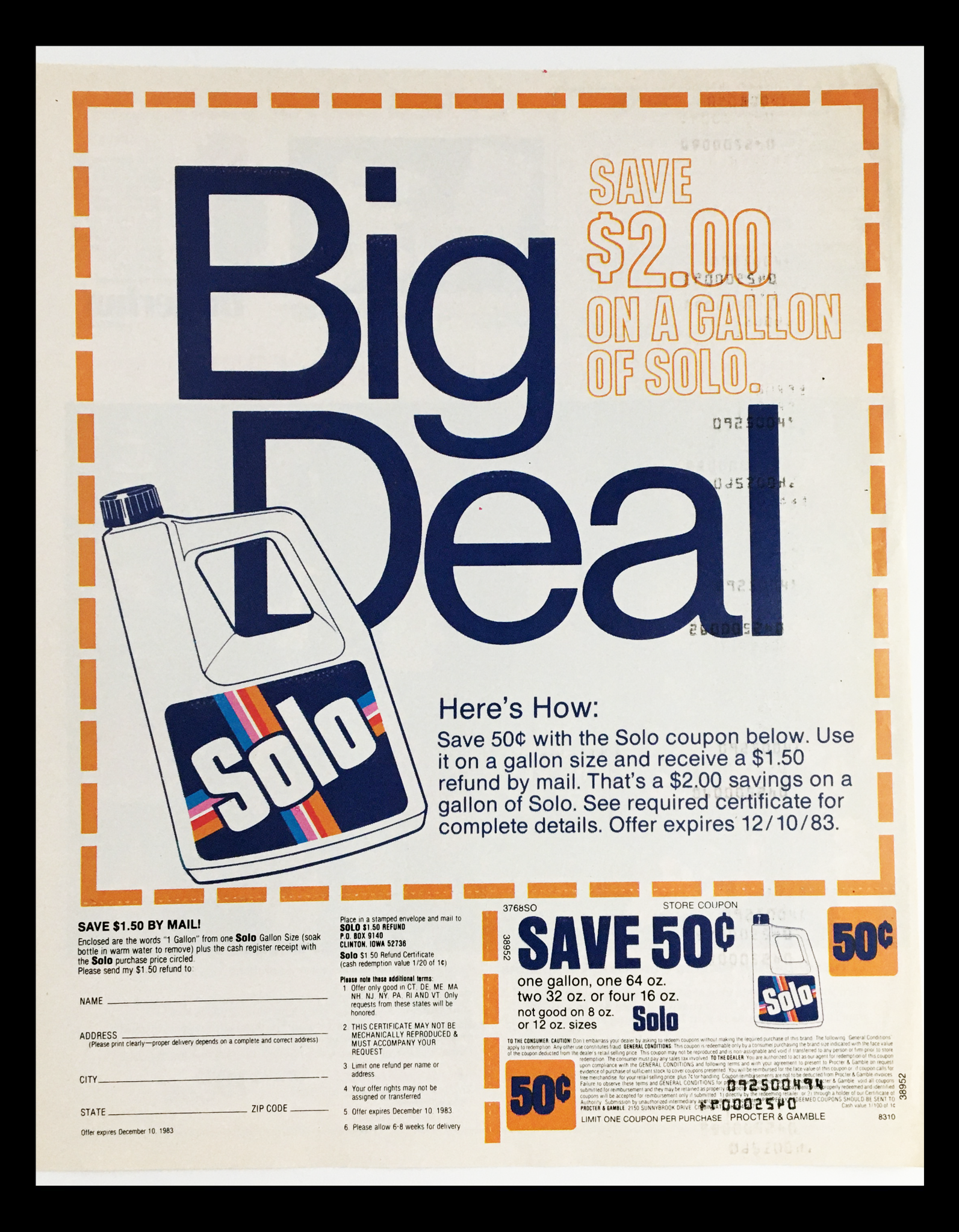 1983 Solo Gallon Size Soak Bottle Circular Coupon Advertisement