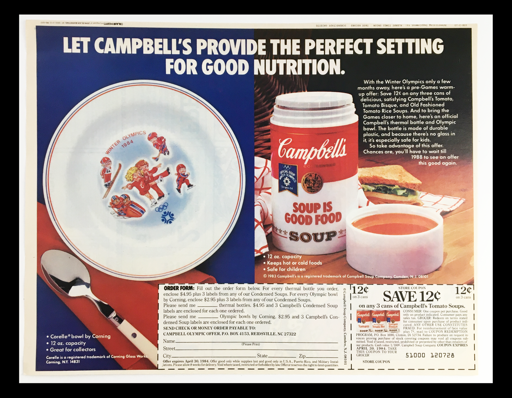 1983 Campbell's Official Winter Olympics Soup Circular Coupon Advertisement