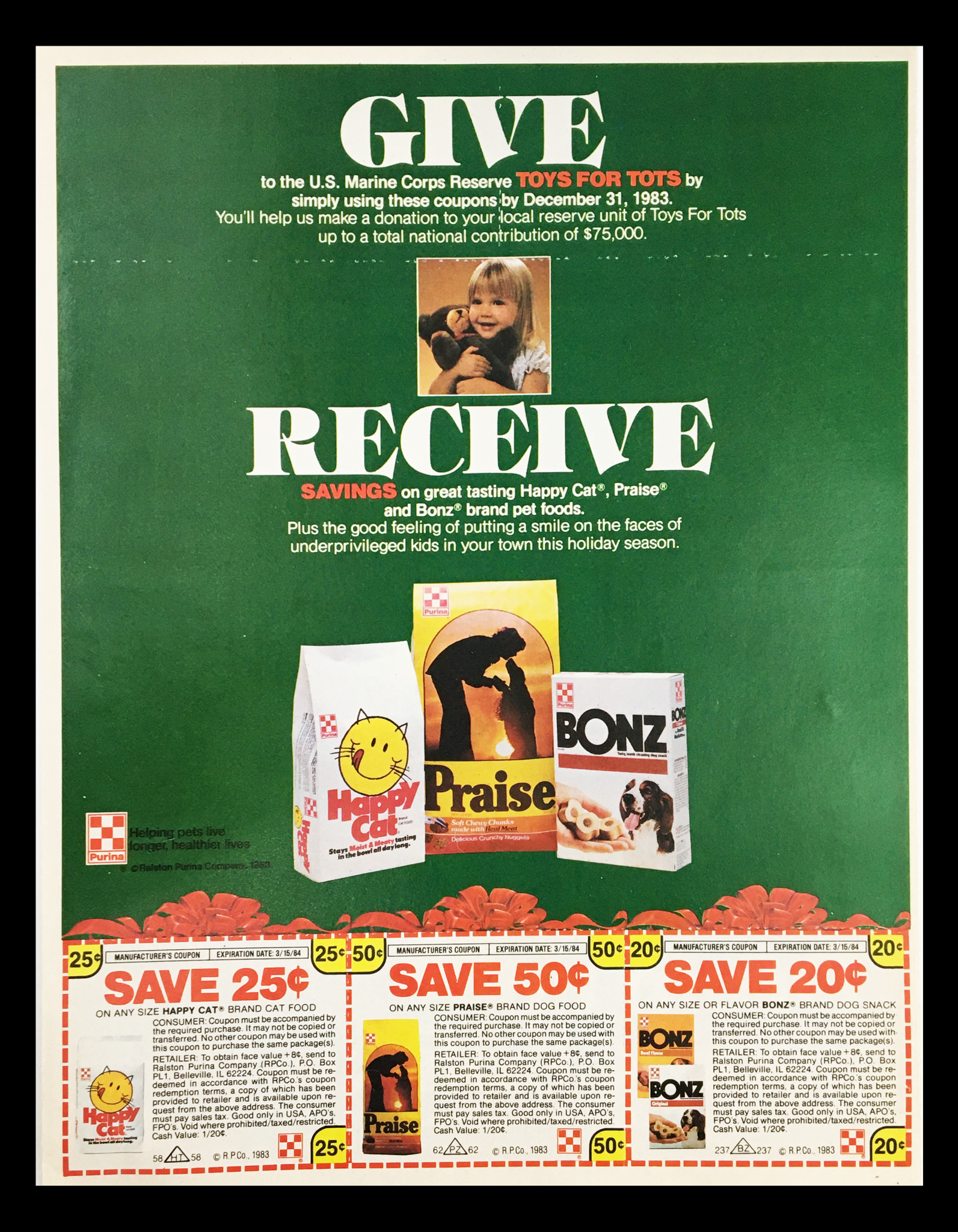 1984 Happy Cats, Praise and Bonz Pet Food Brand Circular Coupon Advertisement