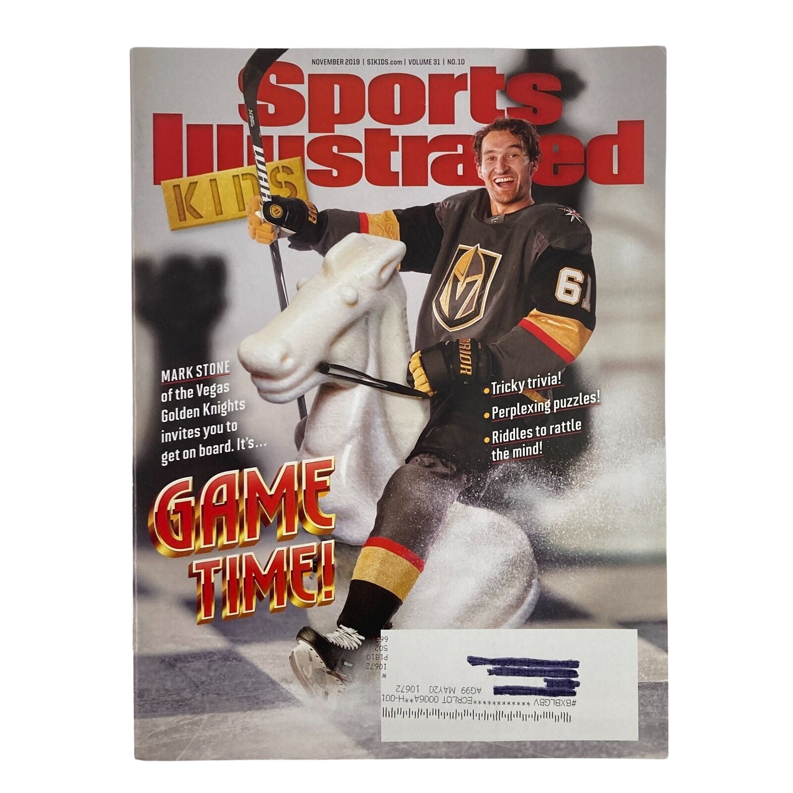 Cover of Sports Illustrated Kids magazine from November 2019 highlighting Mark Stone of the Vegas Golden Knights, promoting engaging articles and activities for kids.